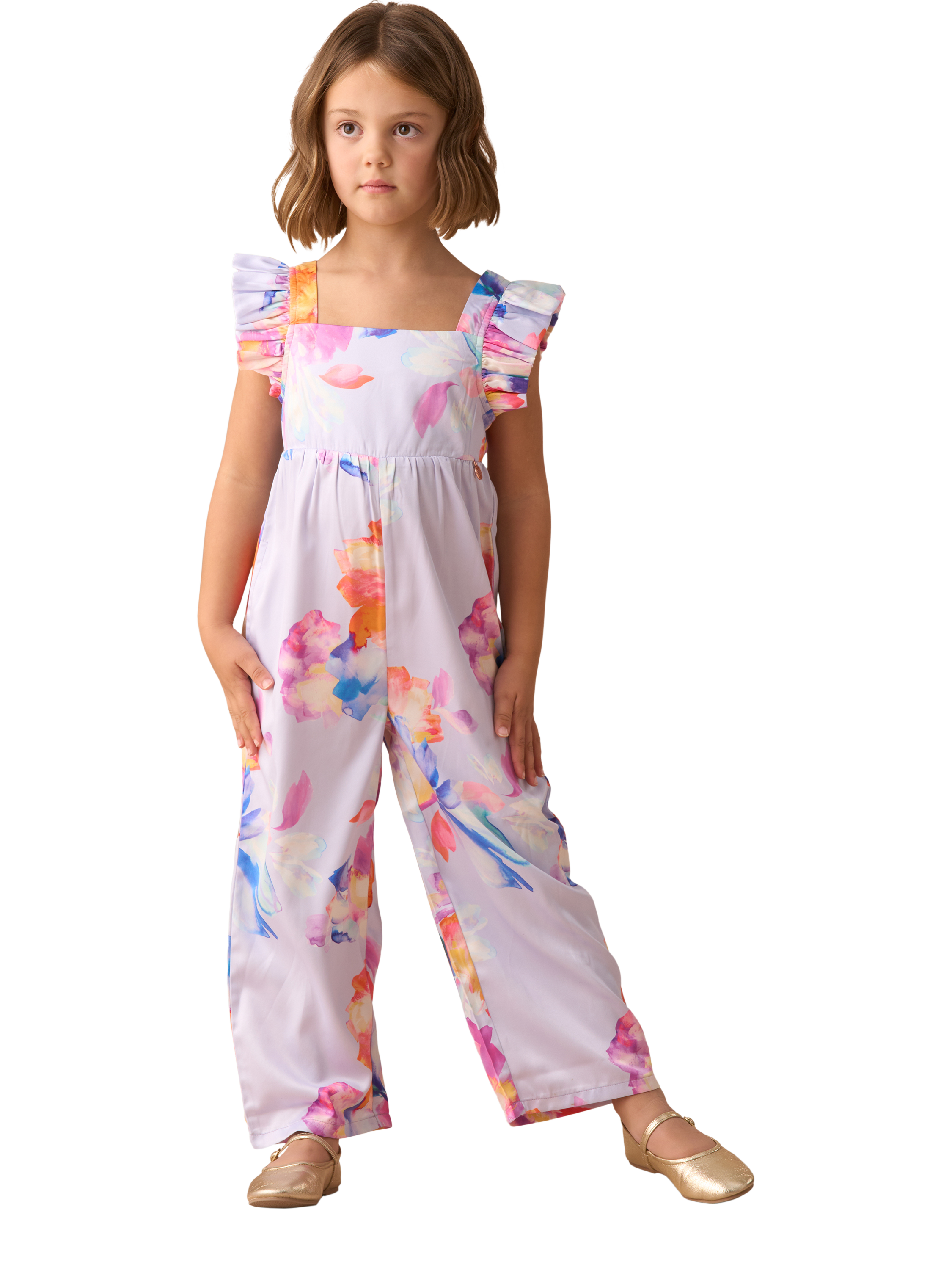 Product image 1 of 6, which shows Angel & Rocket Kids' Wide Leg Print Jumpsuit, Purple/Multi, 5 years