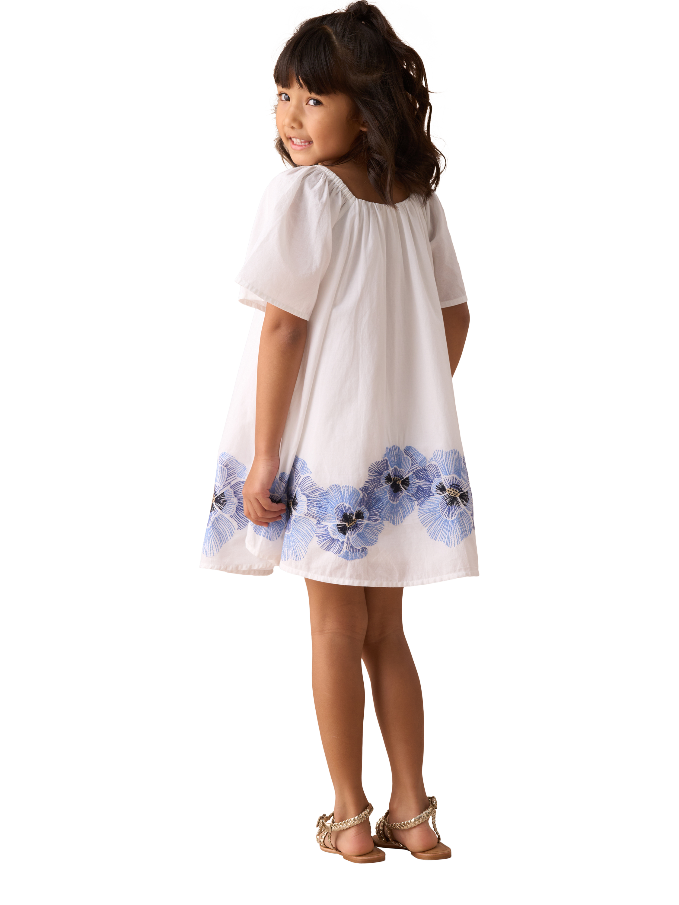 Product image 1 of 7, which shows Angel & Rocket Kids' Embroidered Floral Cotton Swing Dress, White, 3 years