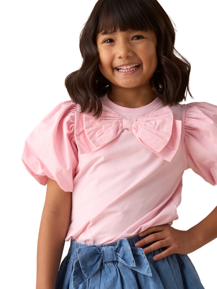 Angel & Rocket Kids' Bow Puff Sleeve Top, Pink, Pink
