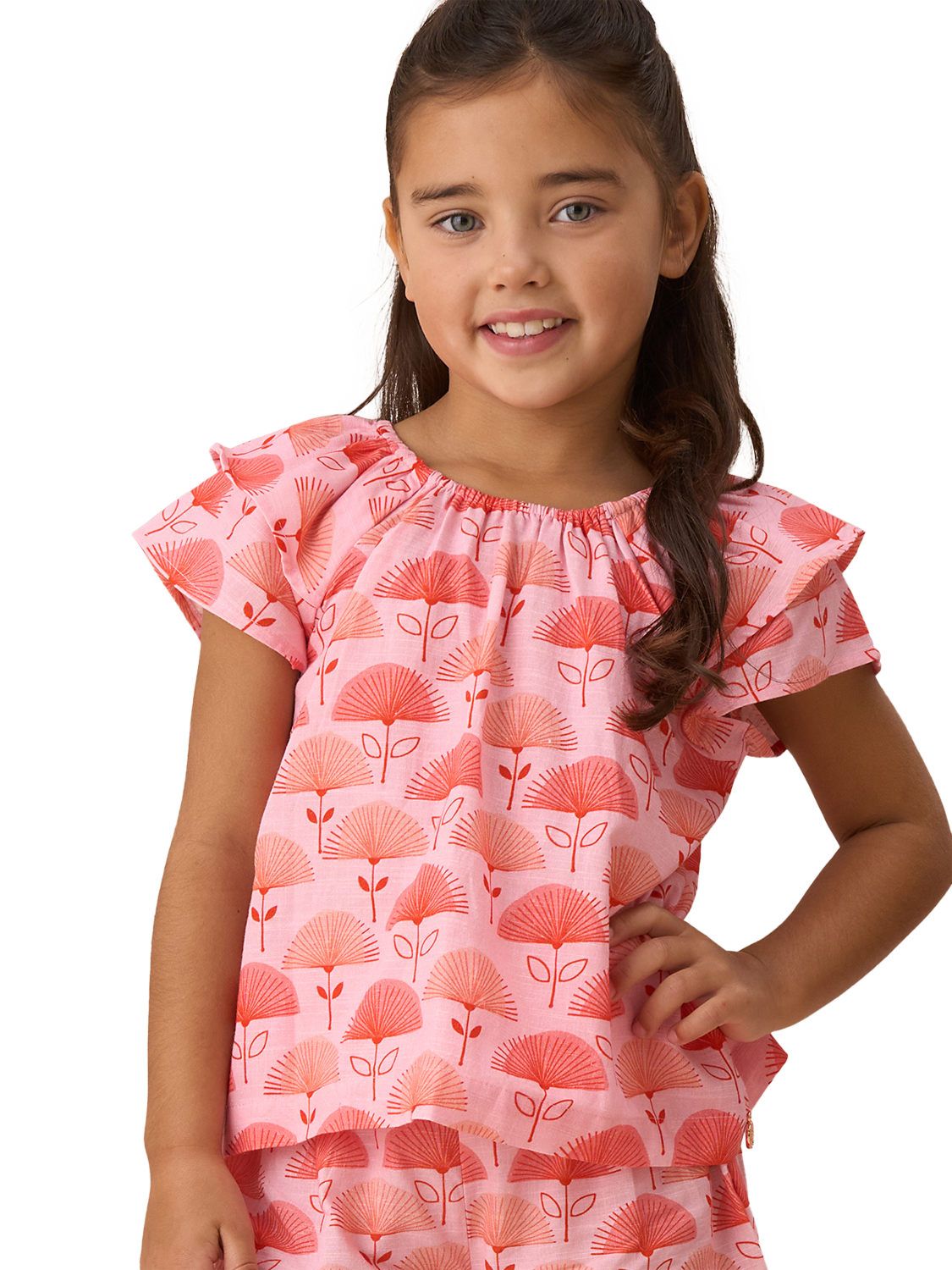 Product image 1 of 7, which shows Angel & Rocket Kids' Fan Floral Top, Pink, 5 years