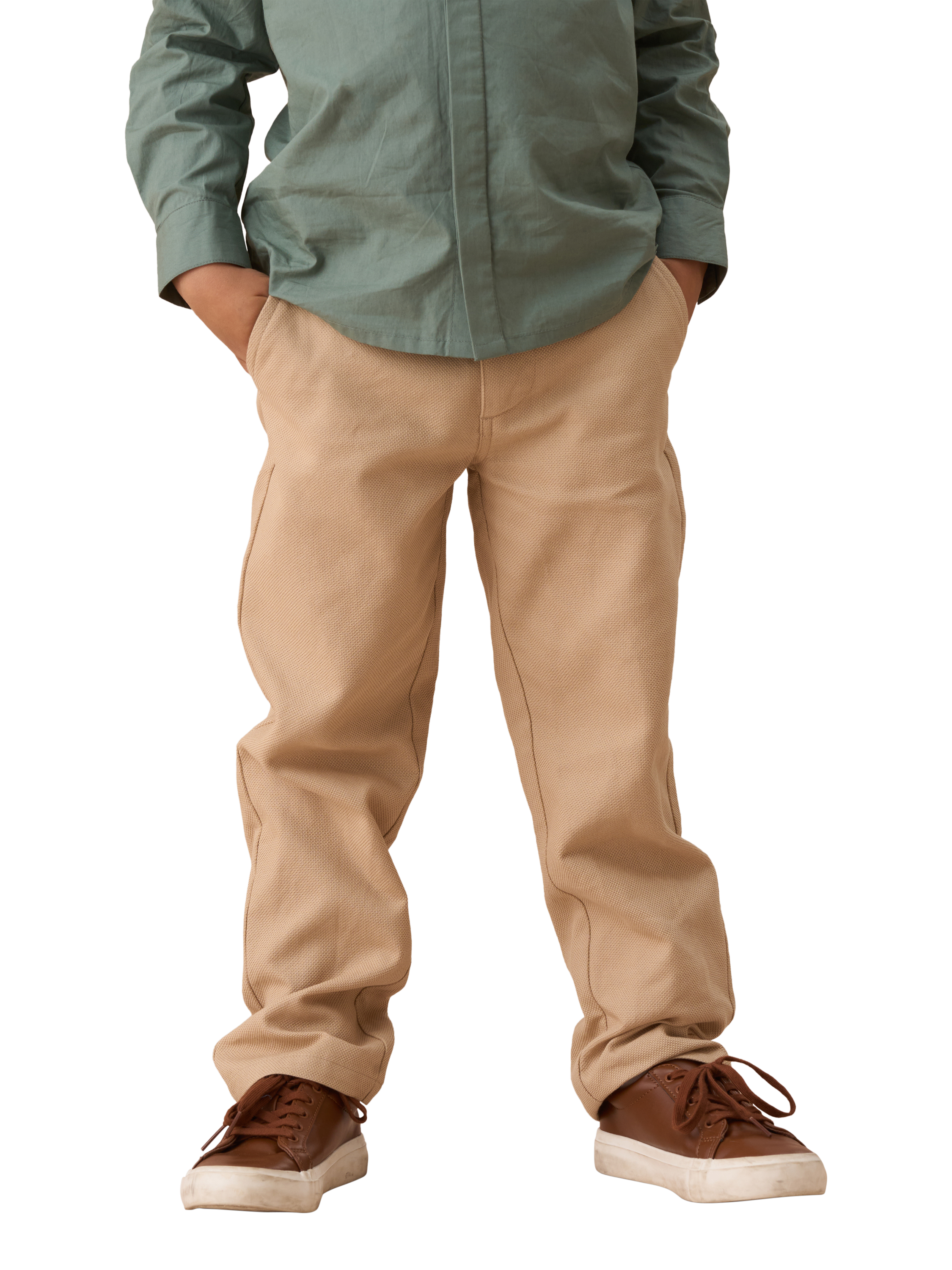 Product image 1 of 6, which shows Angel & Rocket Kids' Luca Smart Trousers, Stone, 3 years