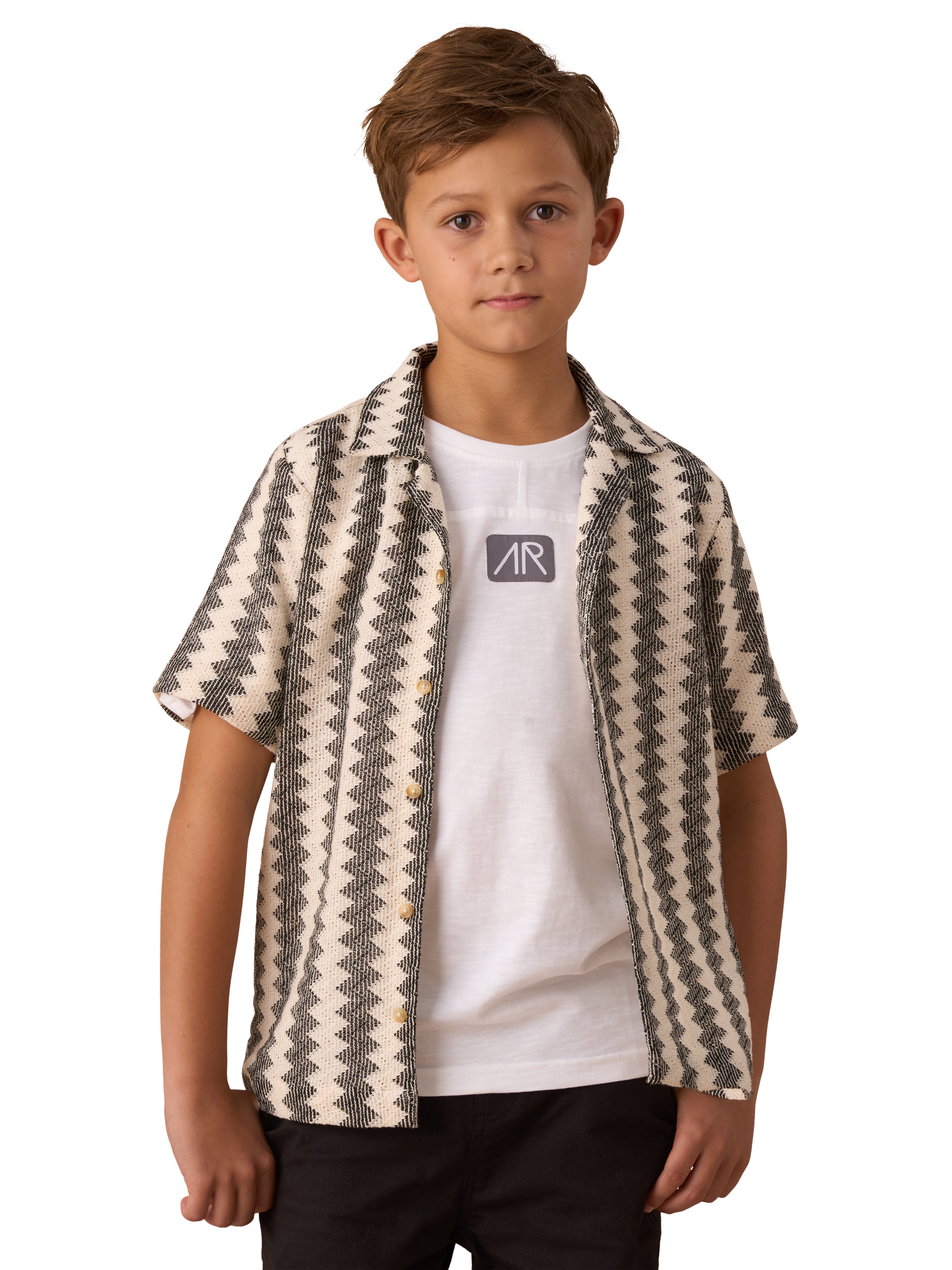 Product image 1 of 7, which shows Angel & Rocket Kids' Short Sleeve Zig Zag Crochet Knit Shirt, Black/Ivory, 8 years