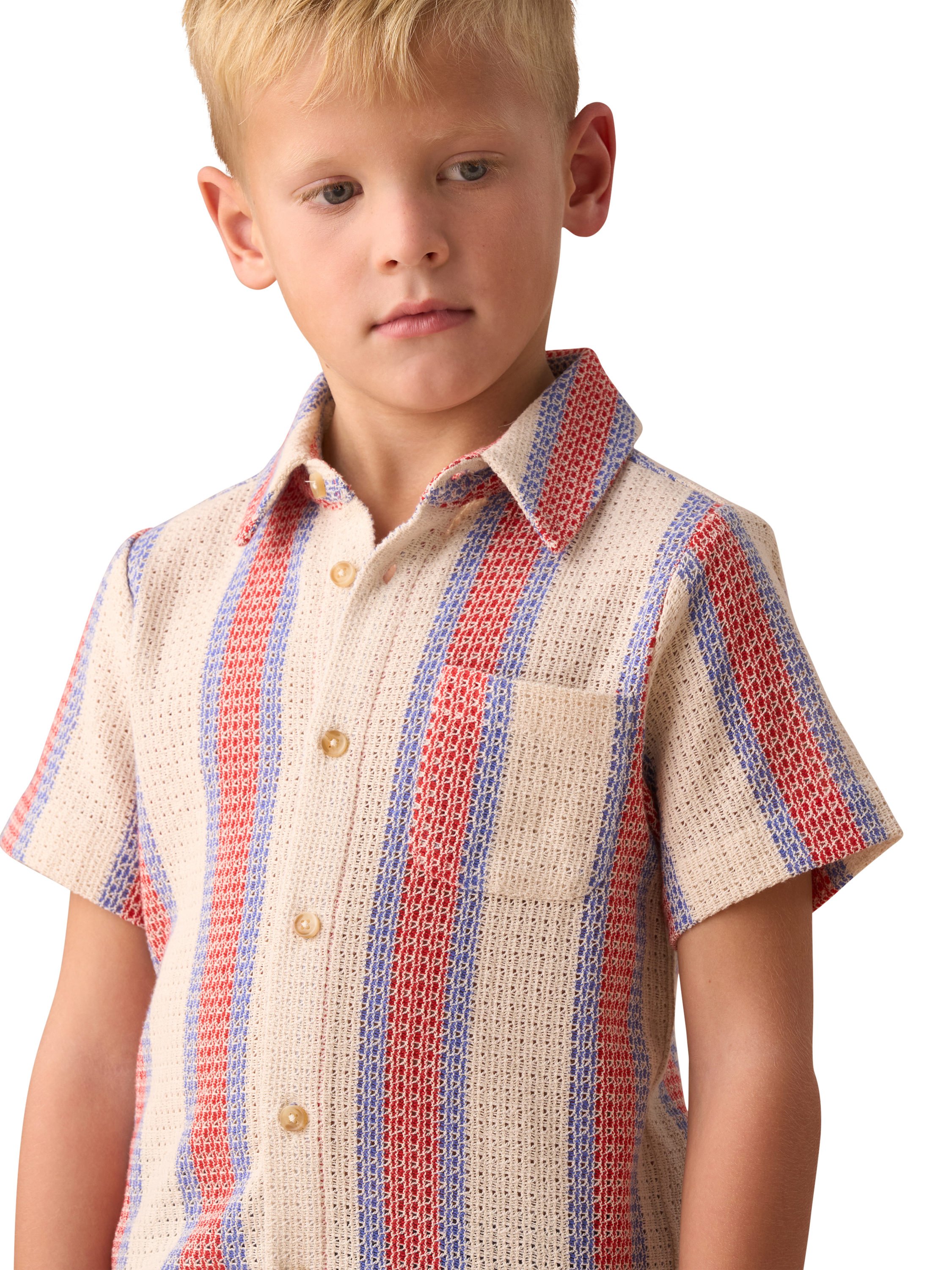Product image 3 of 7, which shows Angel & Rocket Kids' Short Sleeve Striped Crochet Knit Shirt, Stone/Multi, 8 years