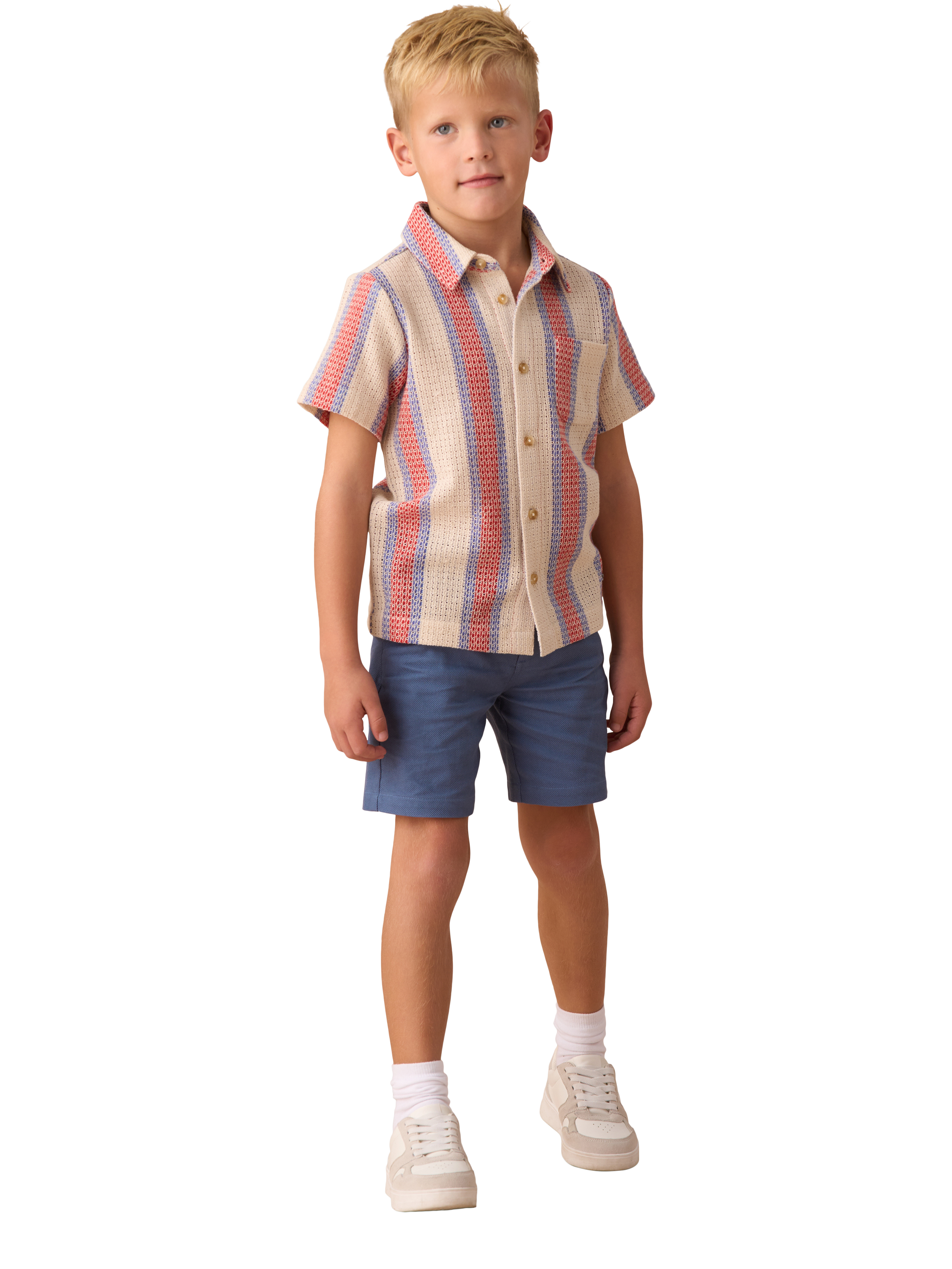 Product image 4 of 7, which shows Angel & Rocket Kids' Short Sleeve Striped Crochet Knit Shirt, Stone/Multi, 8 years