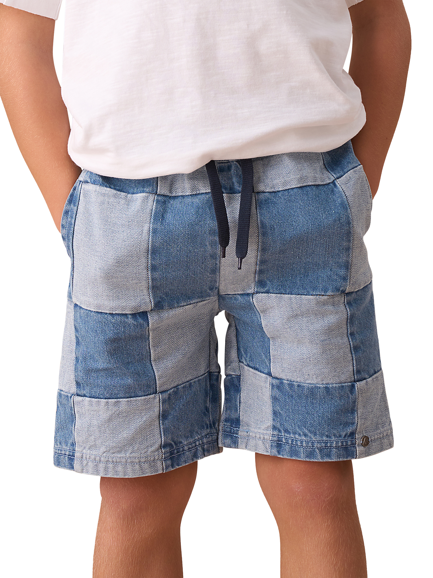Product image 1 of 7, which shows Angel & Rocket Kids' Elasticated Waist Patchwork Shorts, Blue/Multi, 3 years