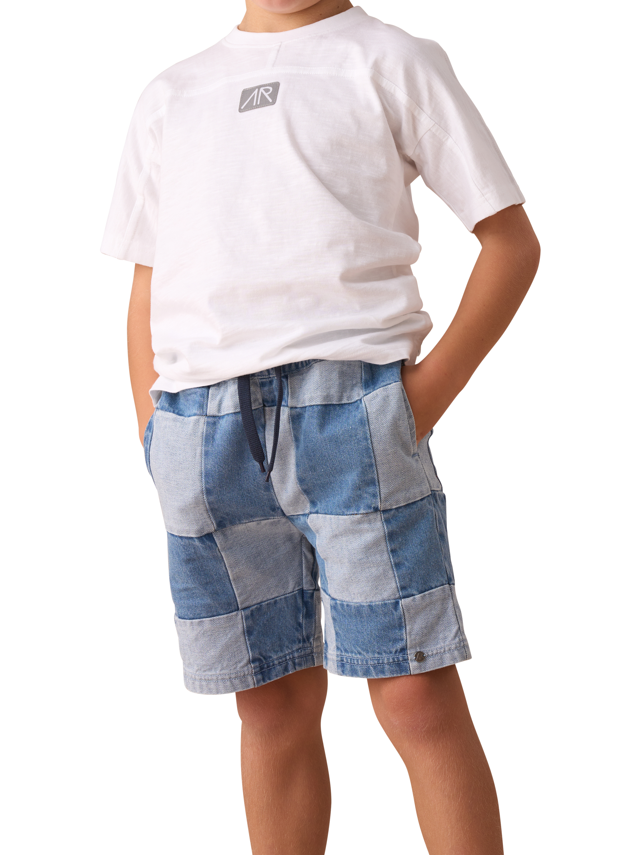Product image 2 of 7, which shows Angel & Rocket Kids' Elasticated Waist Patchwork Shorts, Blue/Multi, 3 years