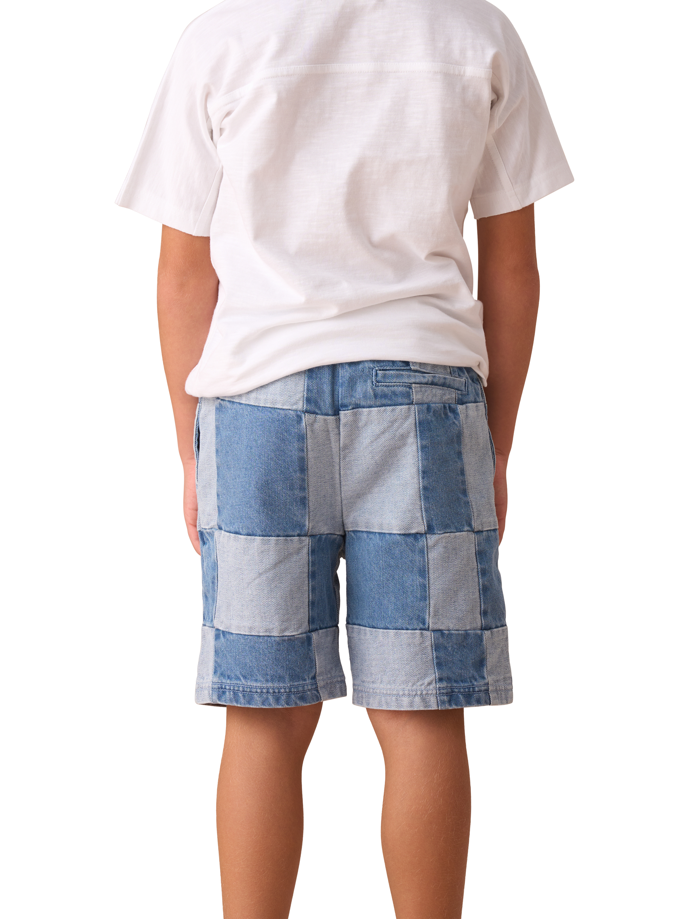 Product image 3 of 7, which shows Angel & Rocket Kids' Elasticated Waist Patchwork Shorts, Blue/Multi, 3 years