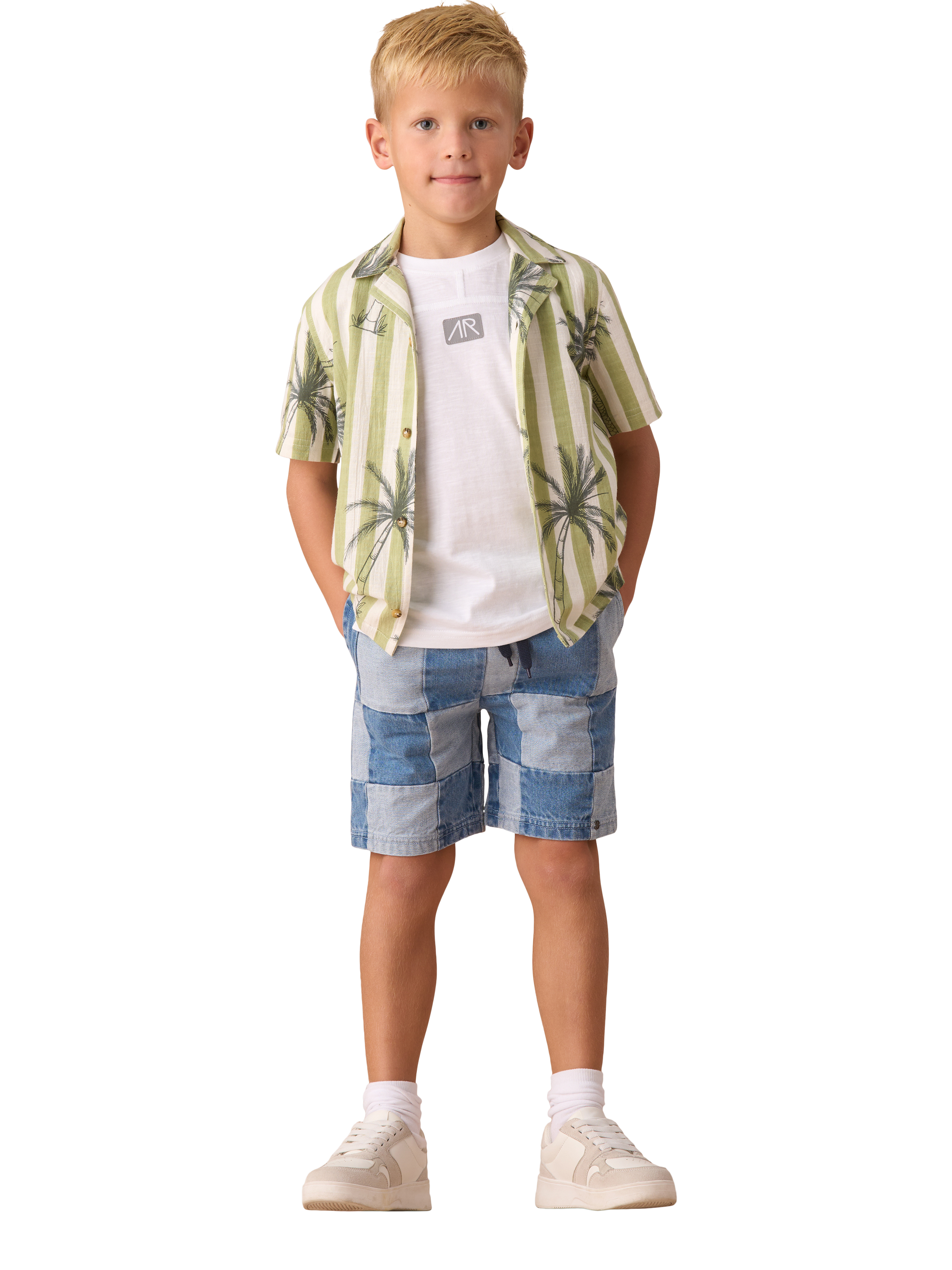 Product image 4 of 7, which shows Angel & Rocket Kids' Elasticated Waist Patchwork Shorts, Blue/Multi, 3 years