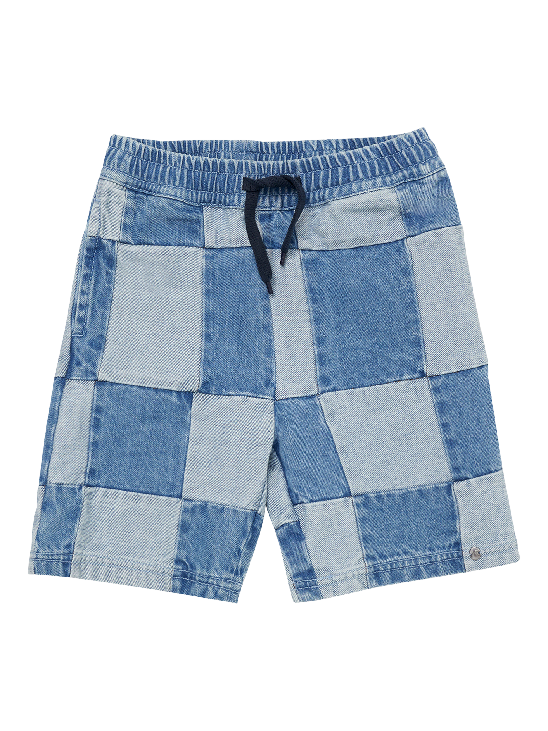 Product image 5 of 7, which shows Angel & Rocket Kids' Elasticated Waist Patchwork Shorts, Blue/Multi, 3 years