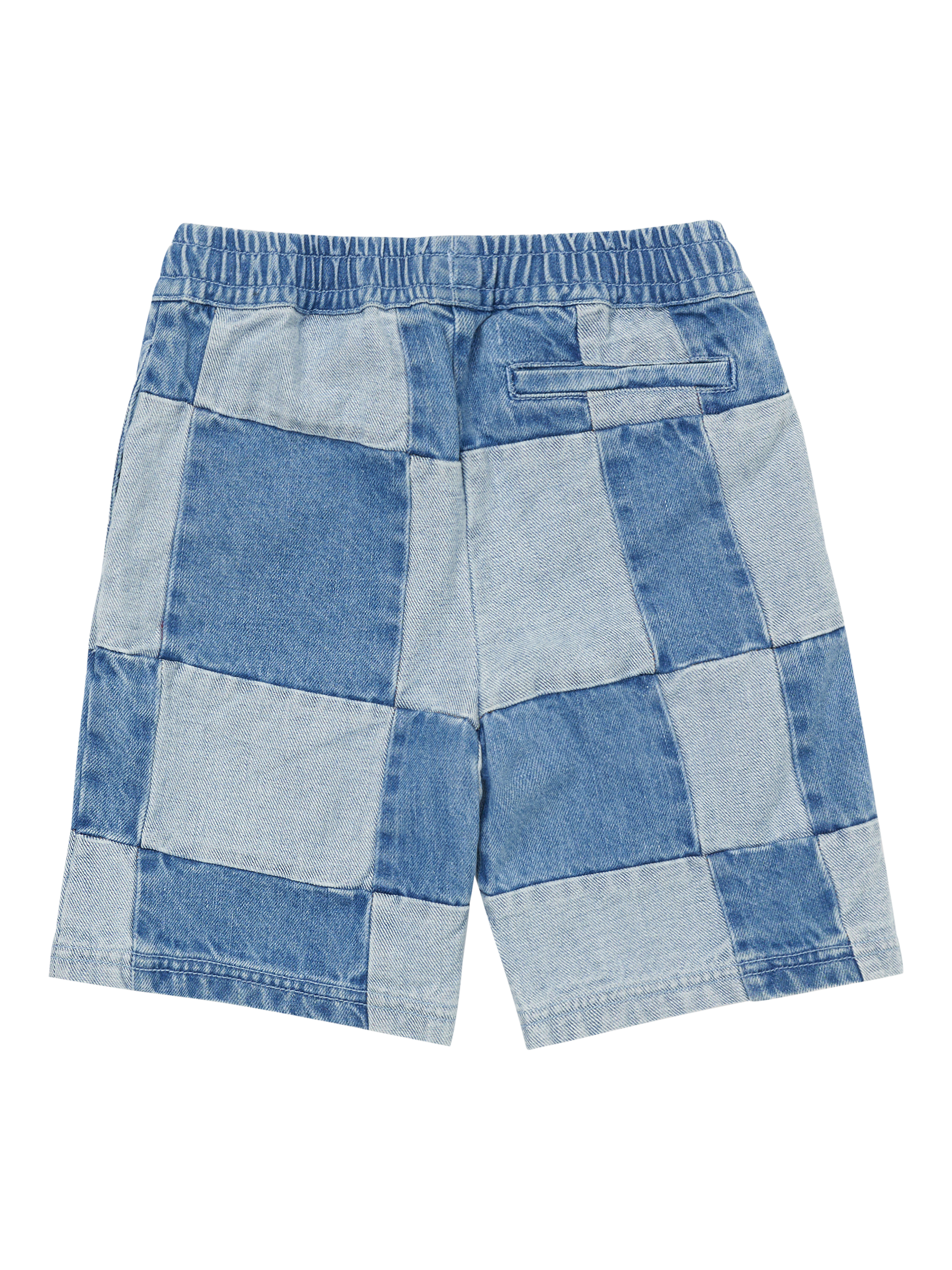 Product image 6 of 7, which shows Angel & Rocket Kids' Elasticated Waist Patchwork Shorts, Blue/Multi, 3 years