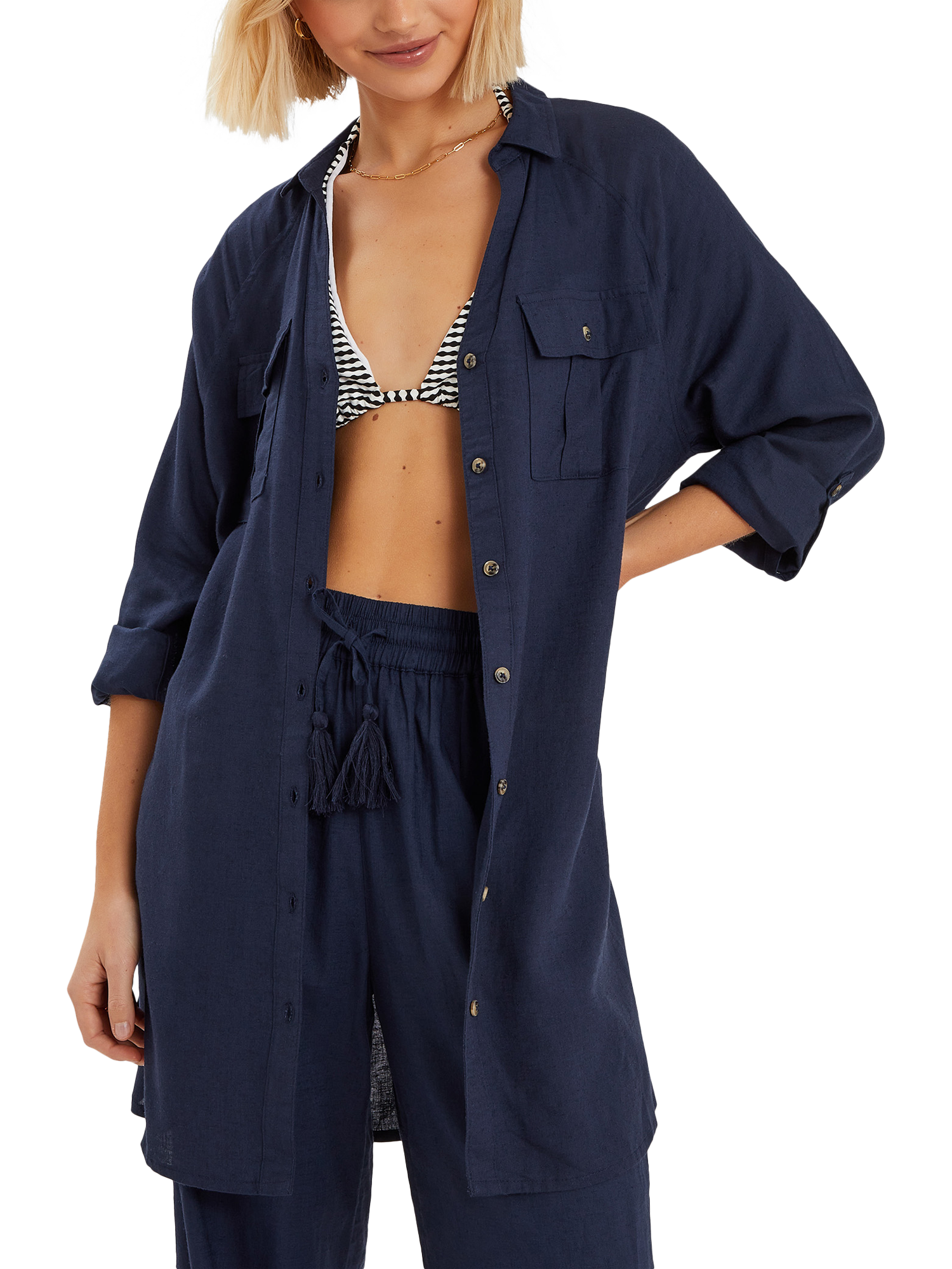 Product image 1 of 4, which shows Accessorize Long Sleeve Beach Cover Up Shirt, Navy, XS
