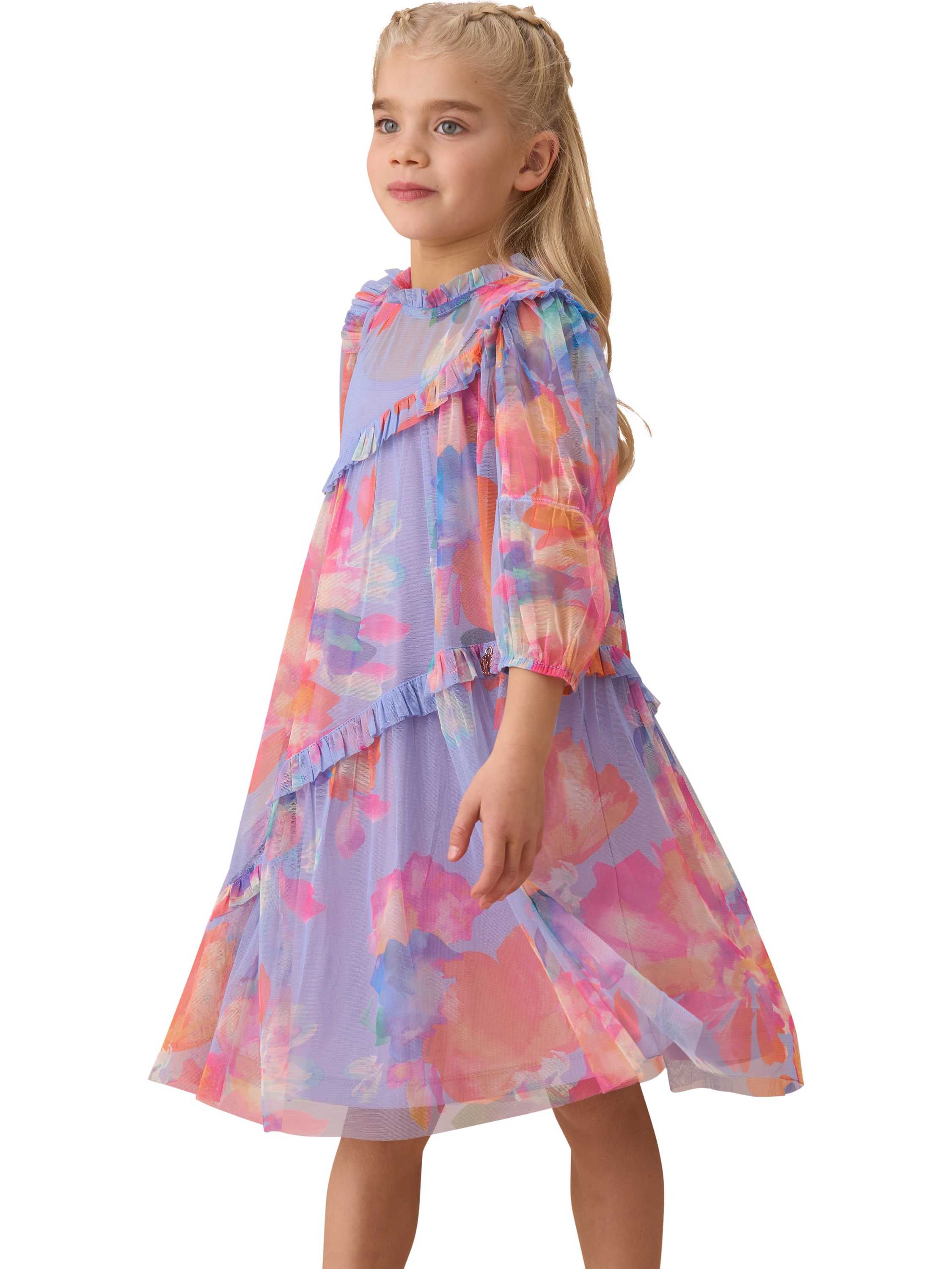 Product image 1 of 8, which shows Angel & Rocket Kids' Asymmetric Frill Dress, Multi, 3 years