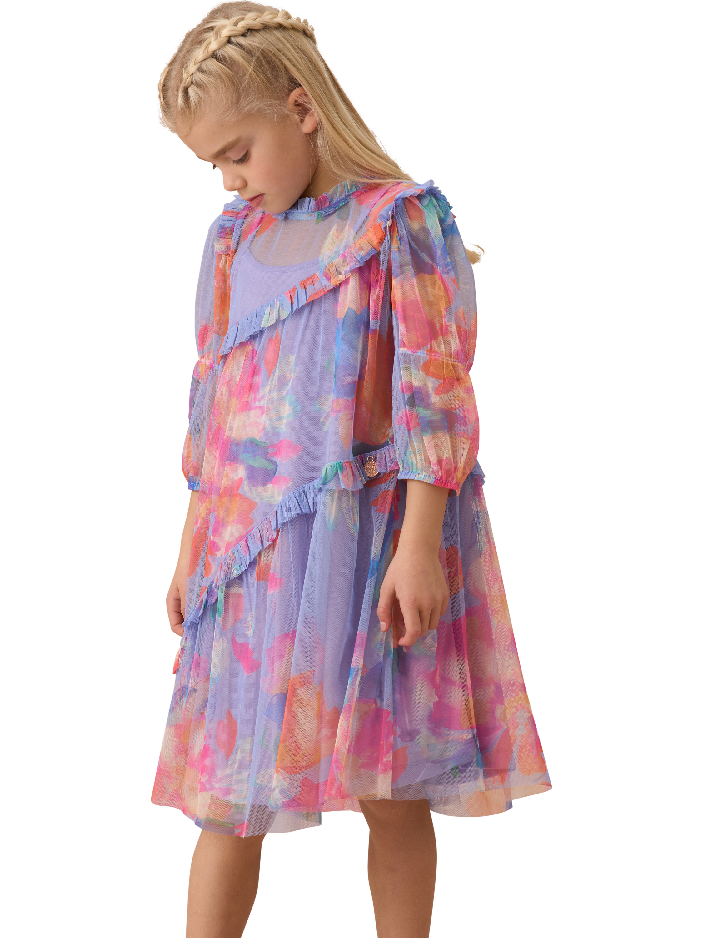 Product image 4 of 8, which shows Angel & Rocket Kids' Asymmetric Frill Dress, Multi, 3 years