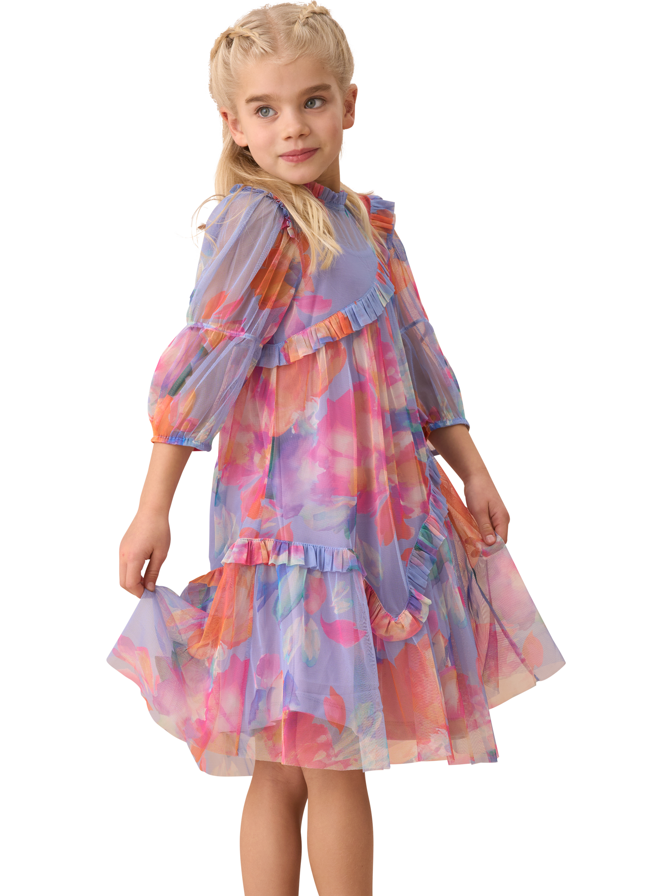 Product image 5 of 8, which shows Angel & Rocket Kids' Asymmetric Frill Dress, Multi, 3 years
