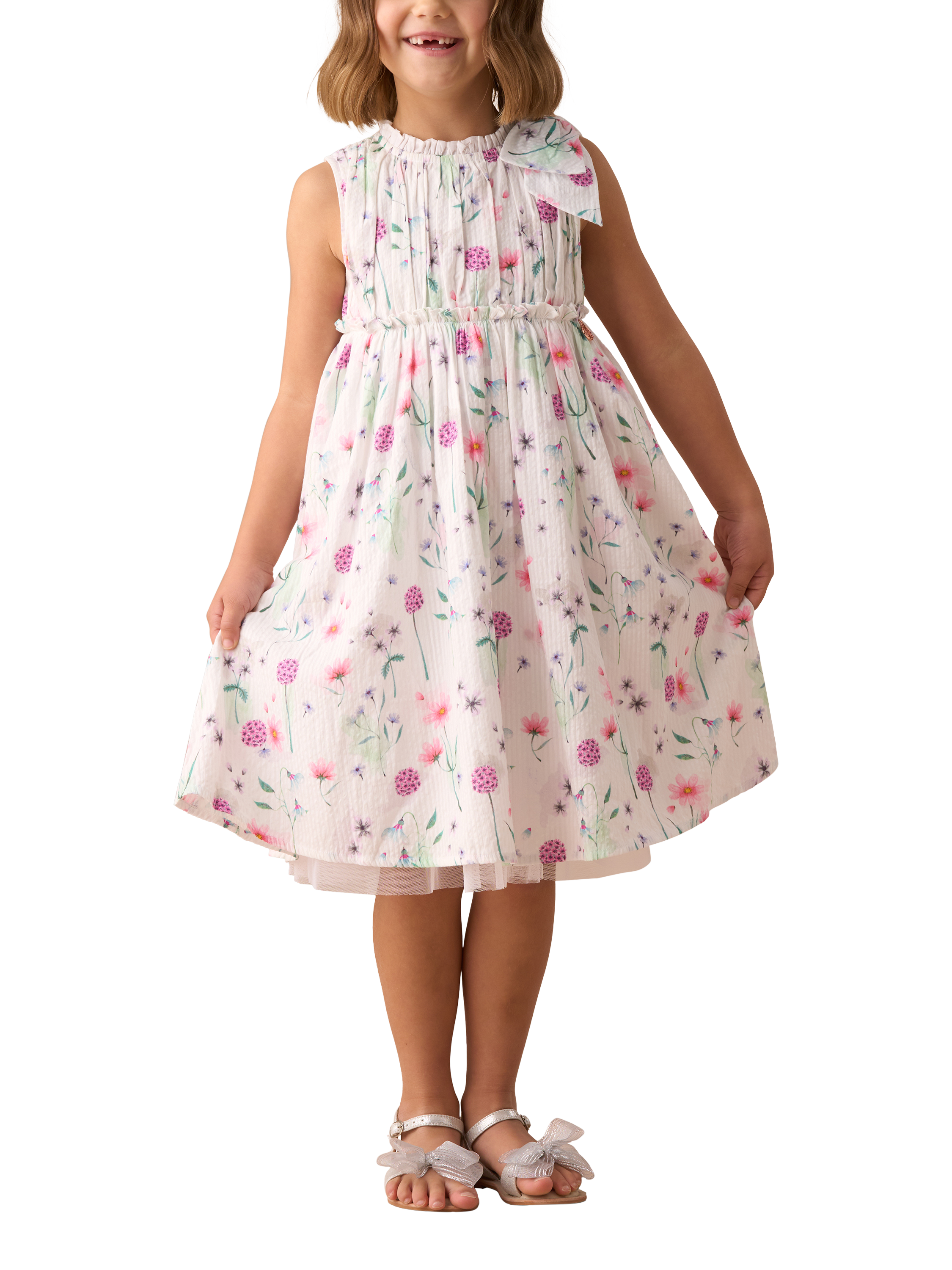 Product image 1 of 8, which shows Angel & Rocket Kids' Bow Shoulder Print Dress, White, 3 years