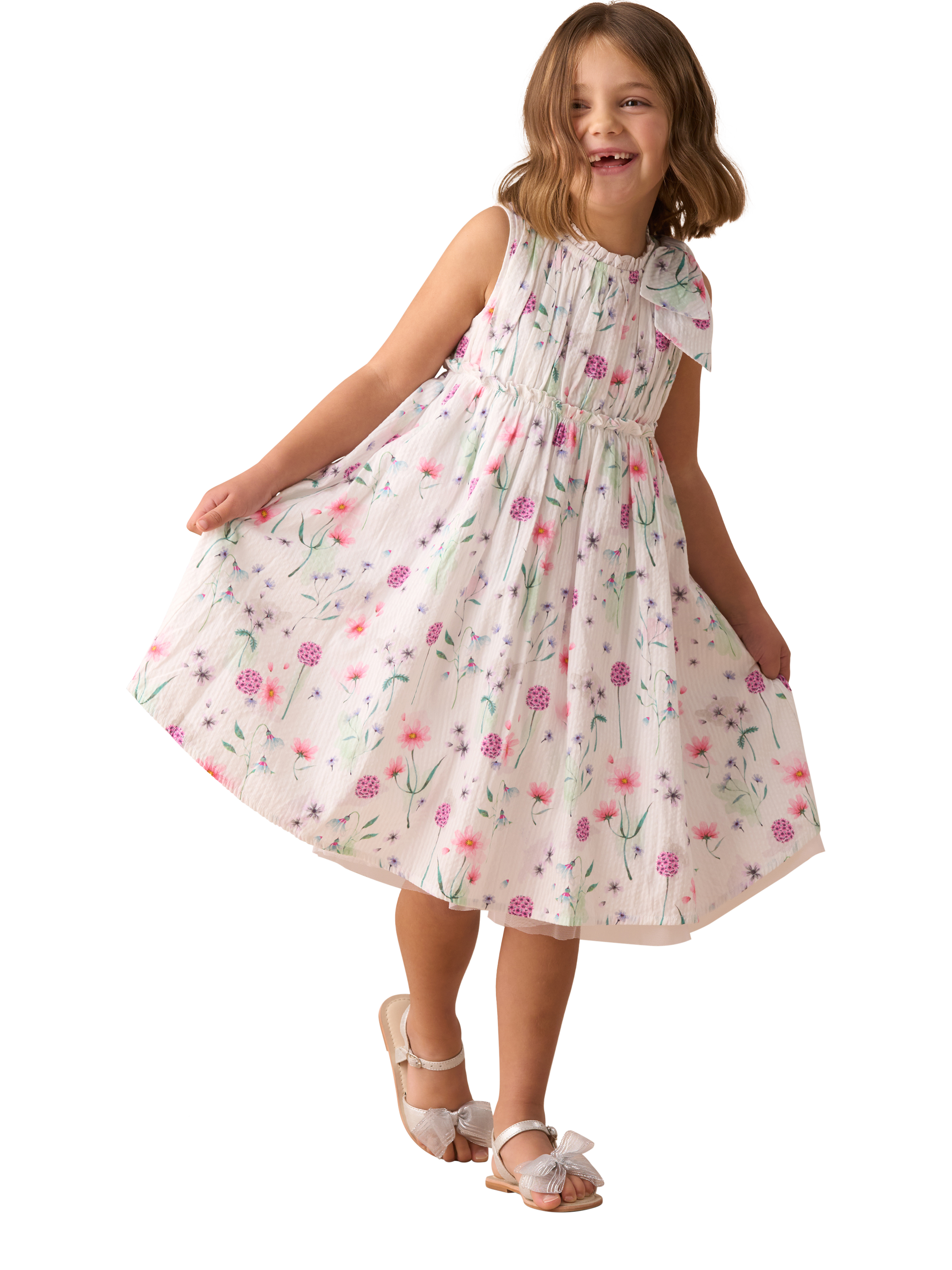 Product image 2 of 8, which shows Angel & Rocket Kids' Bow Shoulder Print Dress, White, 3 years