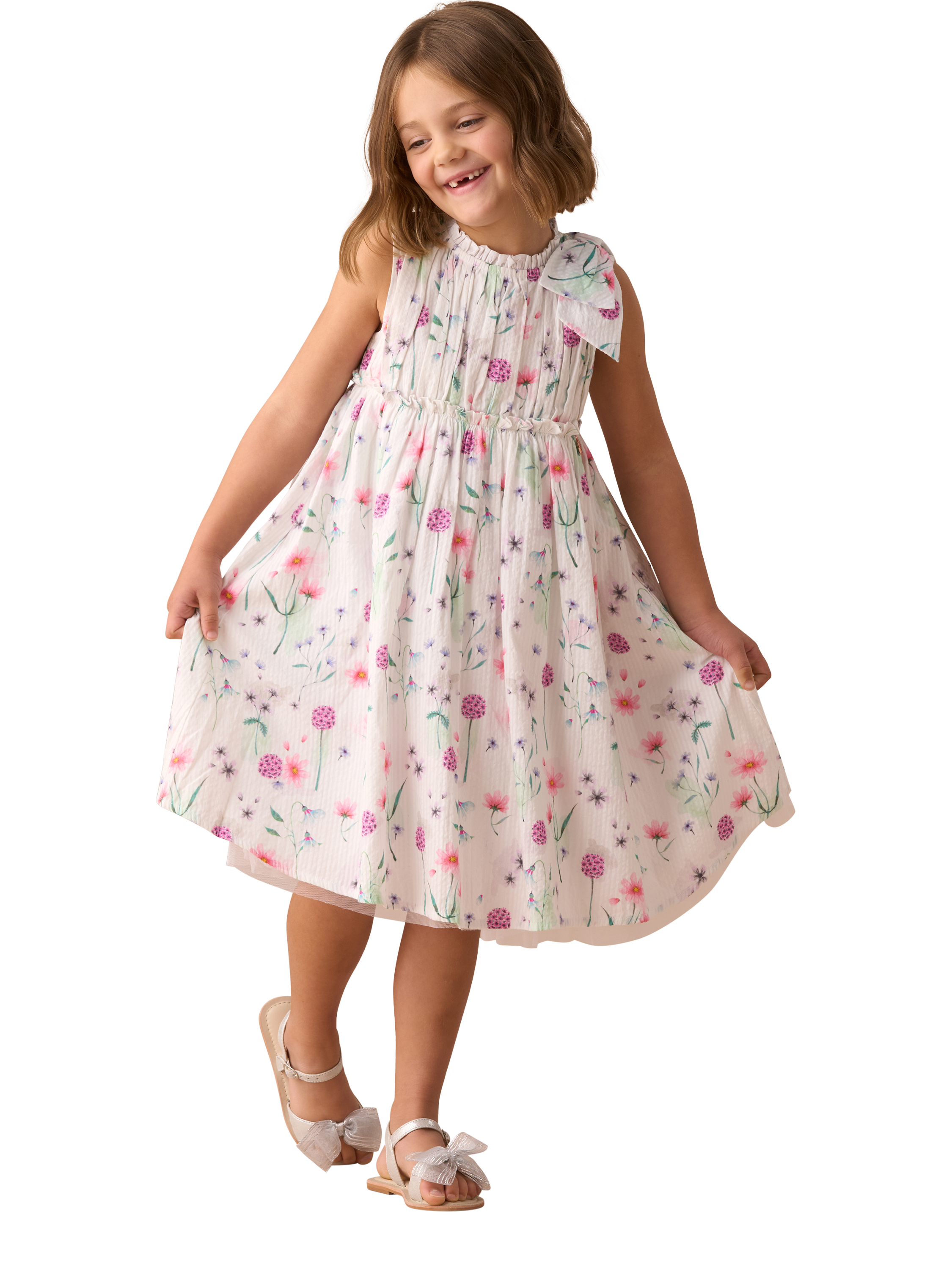 Product image 5 of 8, which shows Angel & Rocket Kids' Bow Shoulder Print Dress, White, 3 years