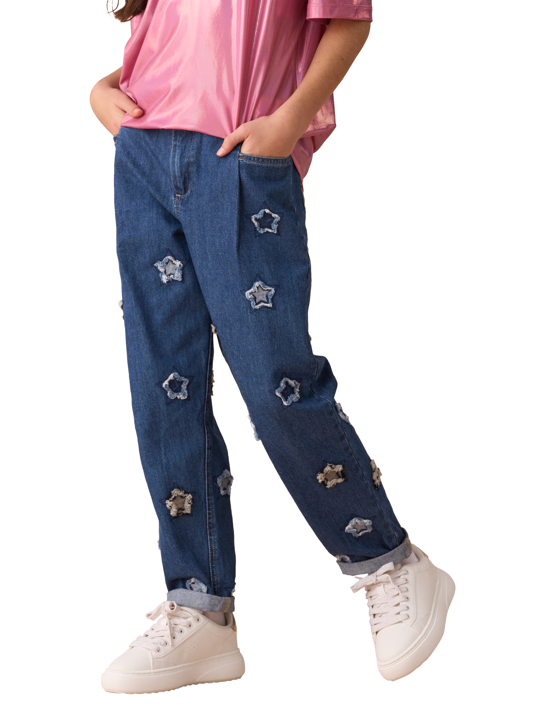 Product image 1 of 8, which shows Angel & rocket Kids' Star Barrel Fit Jeans, Blue/Multi, 3 years
