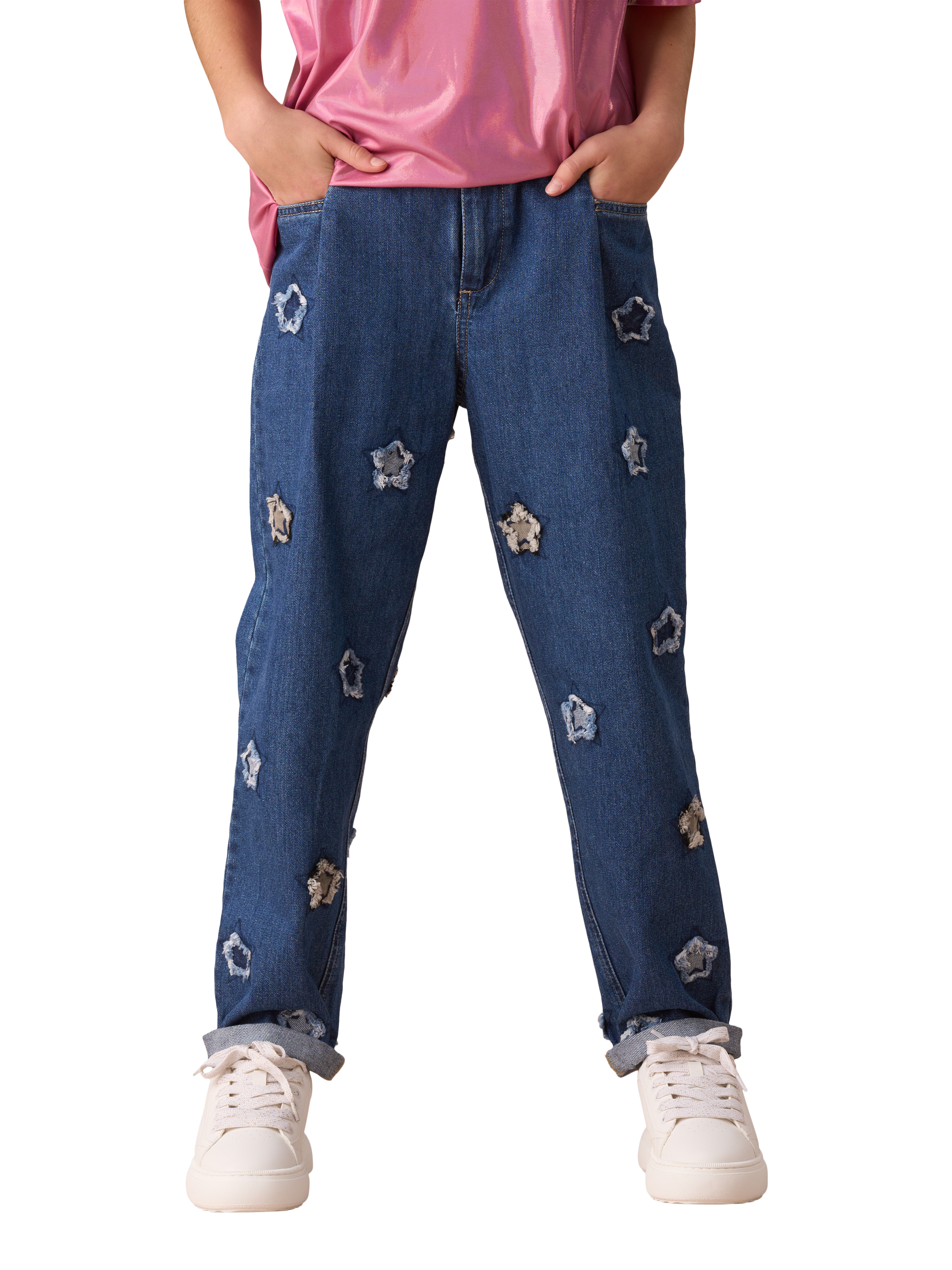 Product image 2 of 8, which shows Angel & rocket Kids' Star Barrel Fit Jeans, Blue/Multi, 3 years