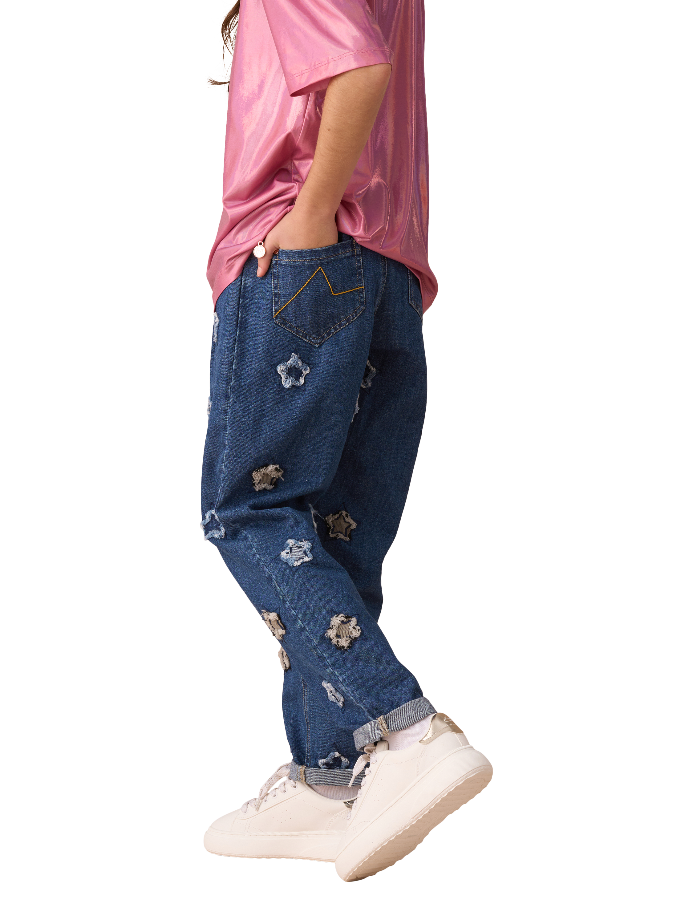 Product image 3 of 8, which shows Angel & rocket Kids' Star Barrel Fit Jeans, Blue/Multi, 3 years