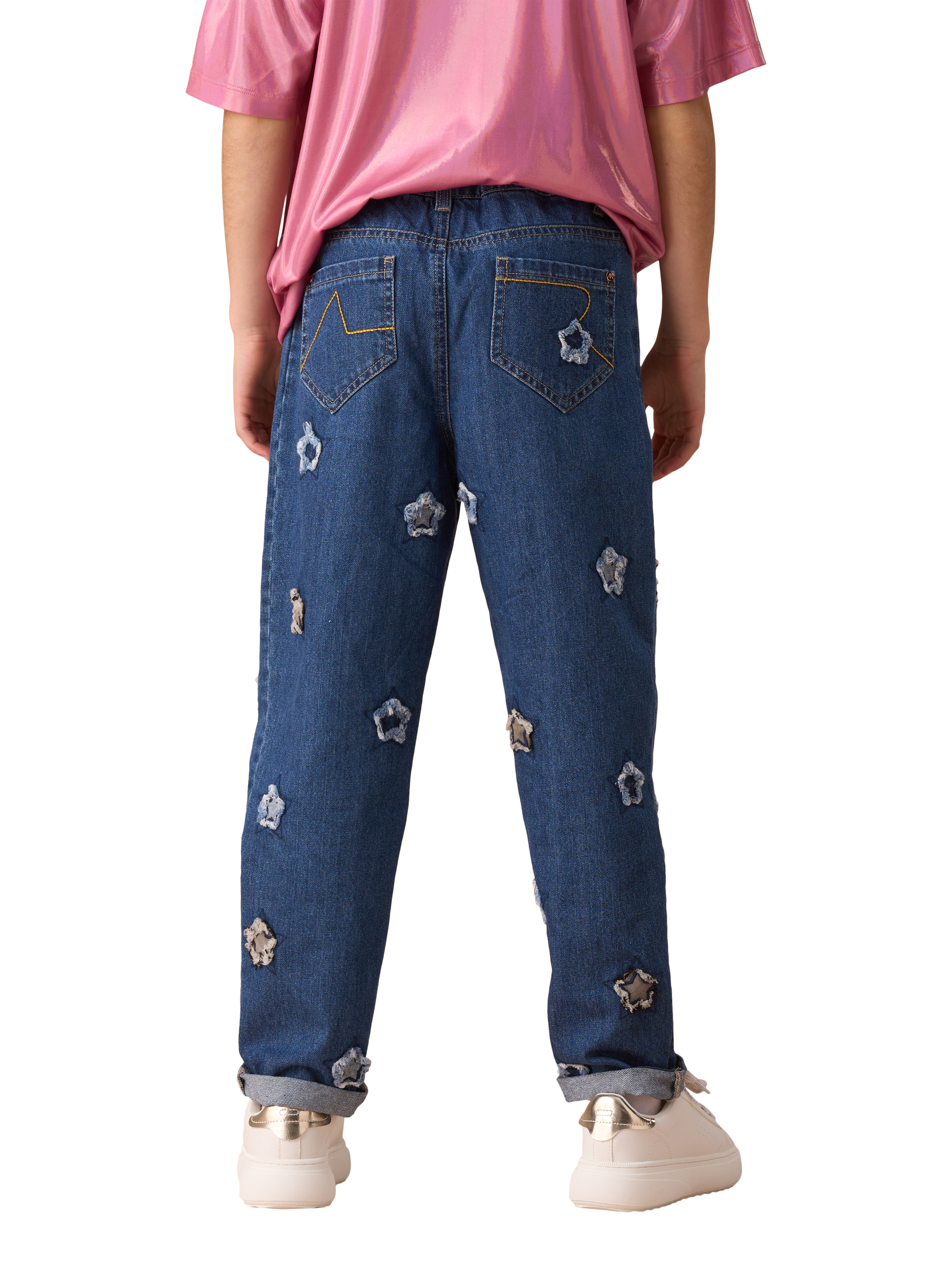 Product image 4 of 8, which shows Angel & rocket Kids' Star Barrel Fit Jeans, Blue/Multi, 3 years