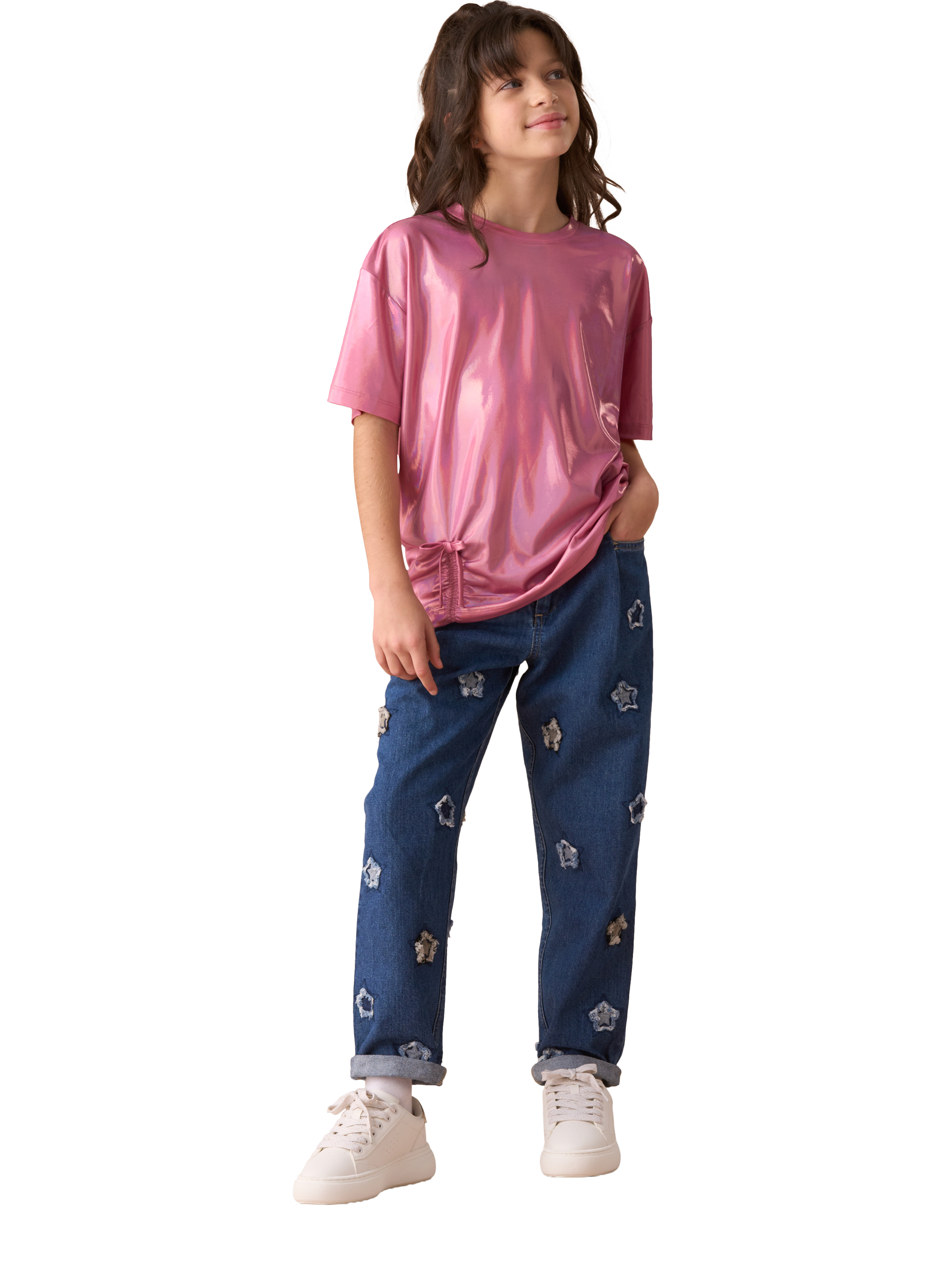 Product image 5 of 8, which shows Angel & rocket Kids' Star Barrel Fit Jeans, Blue/Multi, 3 years
