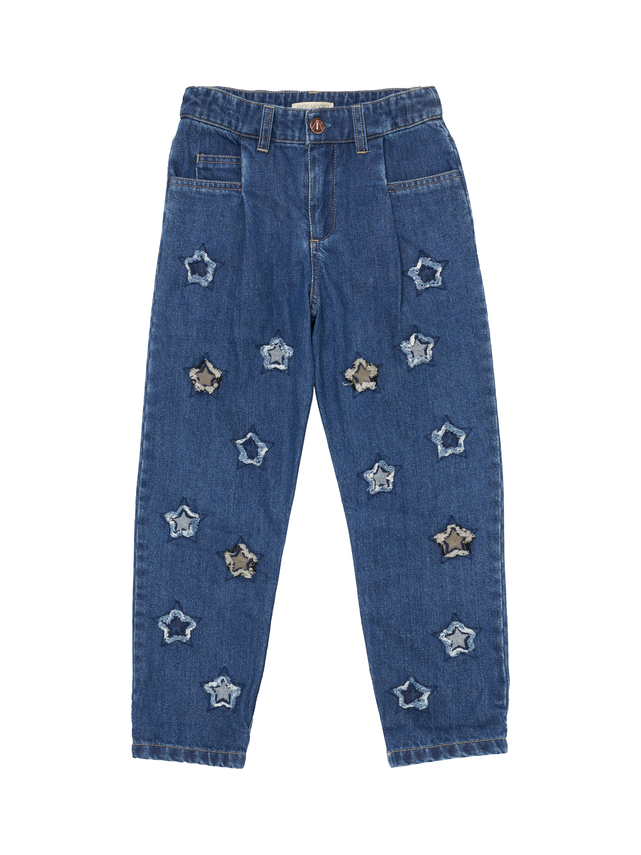 Product image 6 of 8, which shows Angel & rocket Kids' Star Barrel Fit Jeans, Blue/Multi, 3 years