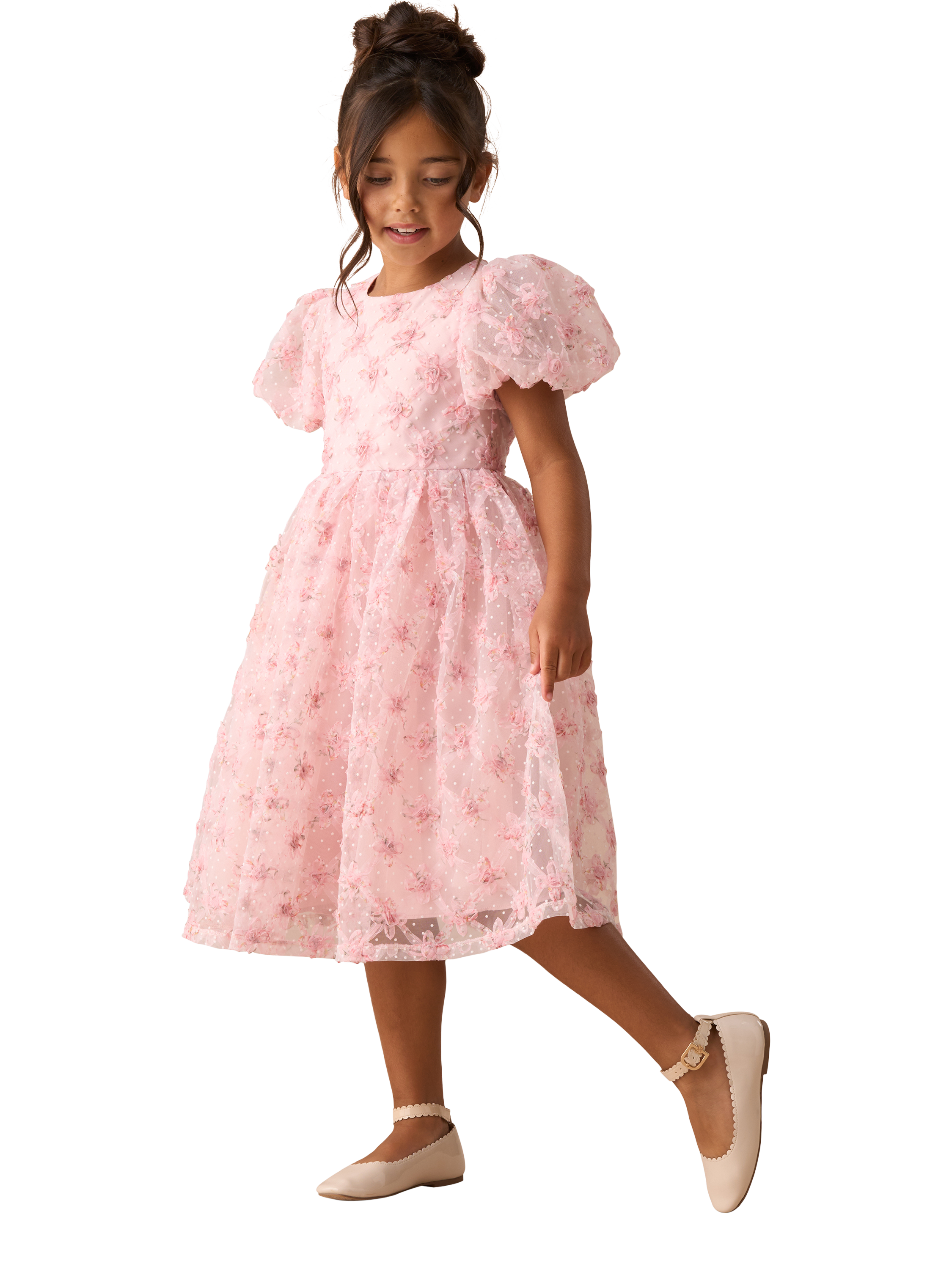 Product image 1 of 7, which shows Angel & Rocket Kids' Embroidered Puff Sleeve Dress, Pink, 8 years