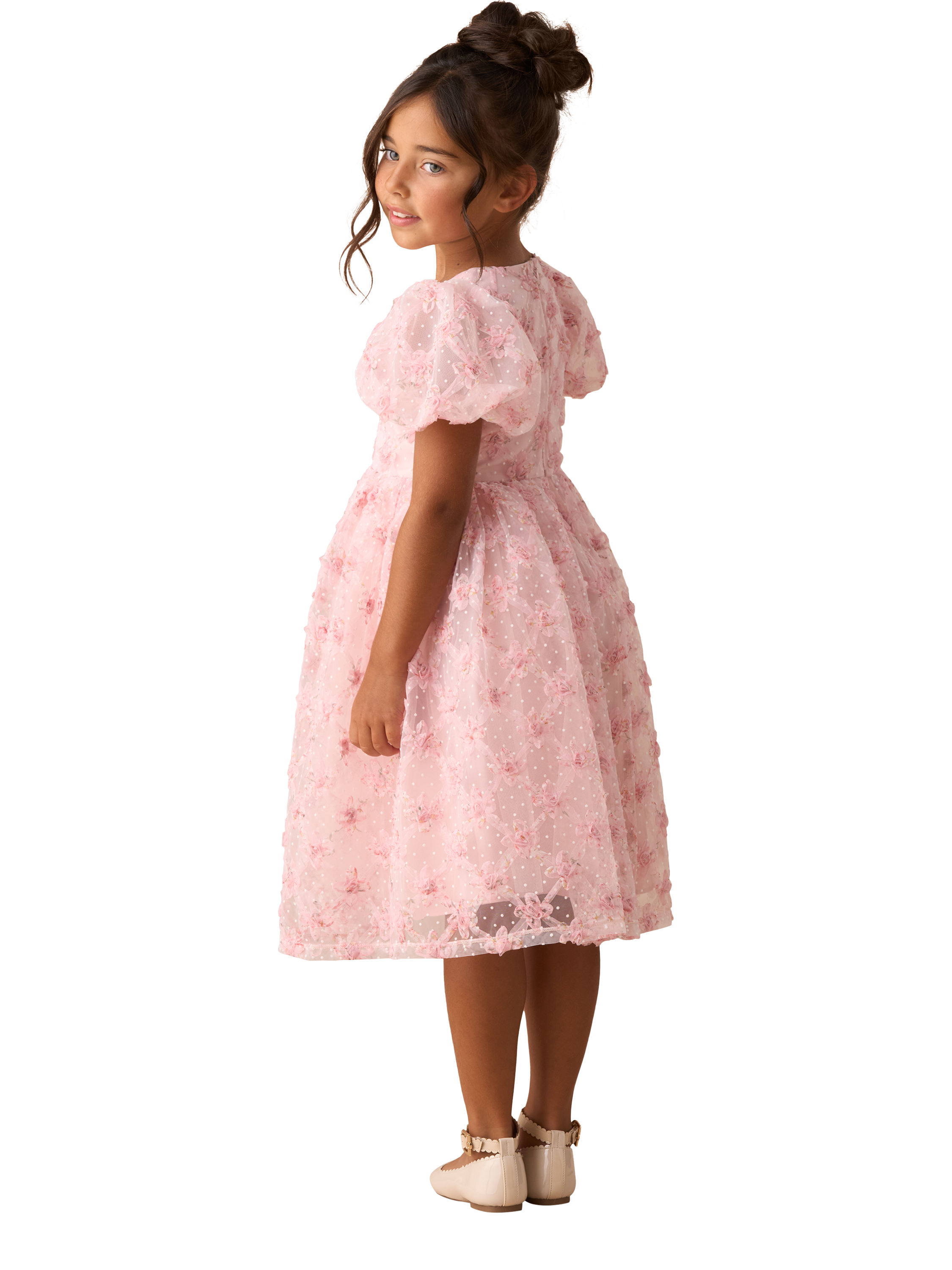 Product image 2 of 7, which shows Angel & Rocket Kids' Embroidered Puff Sleeve Dress, Pink, 8 years