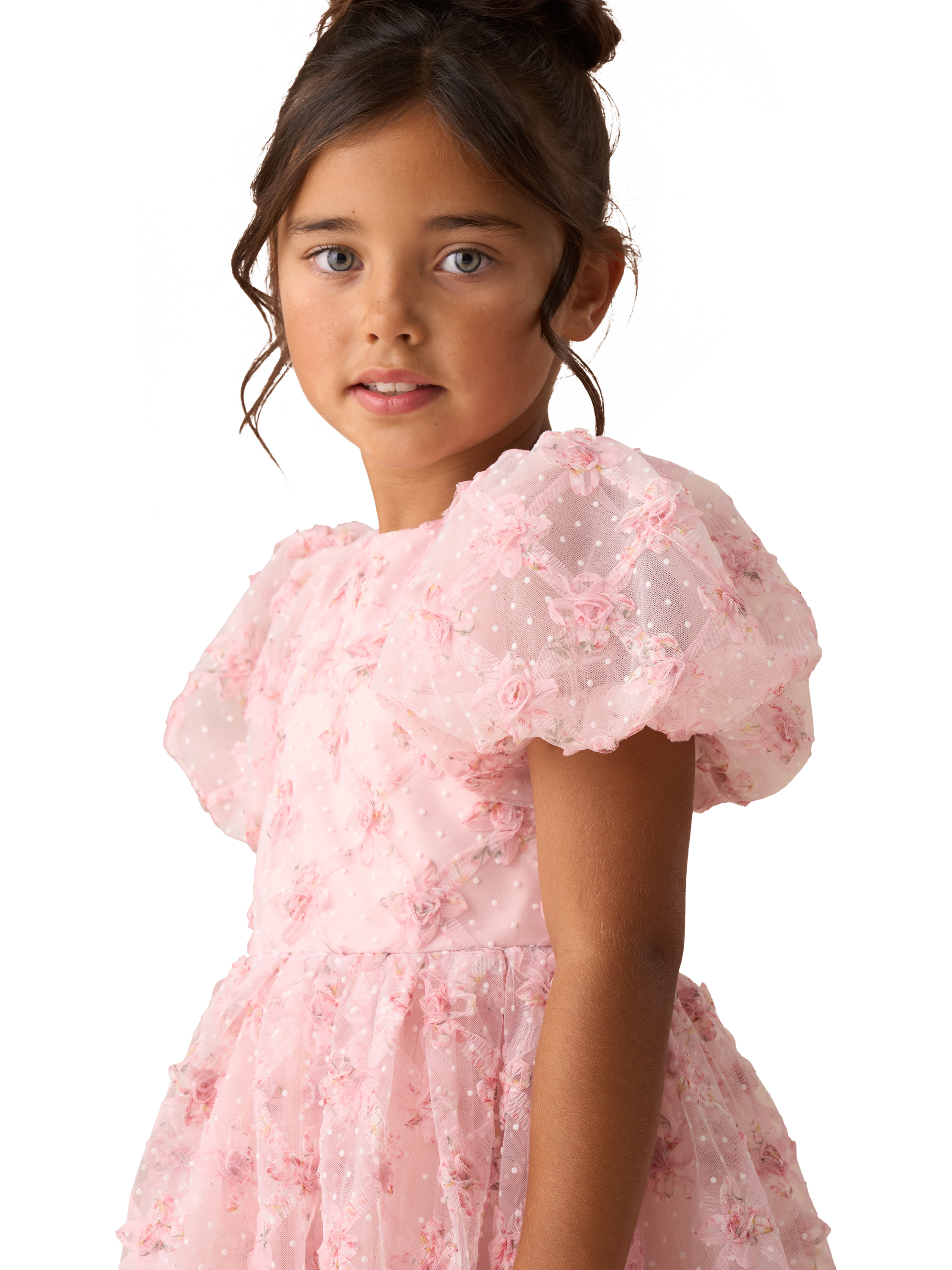 Product image 3 of 7, which shows Angel & Rocket Kids' Embroidered Puff Sleeve Dress, Pink, 8 years