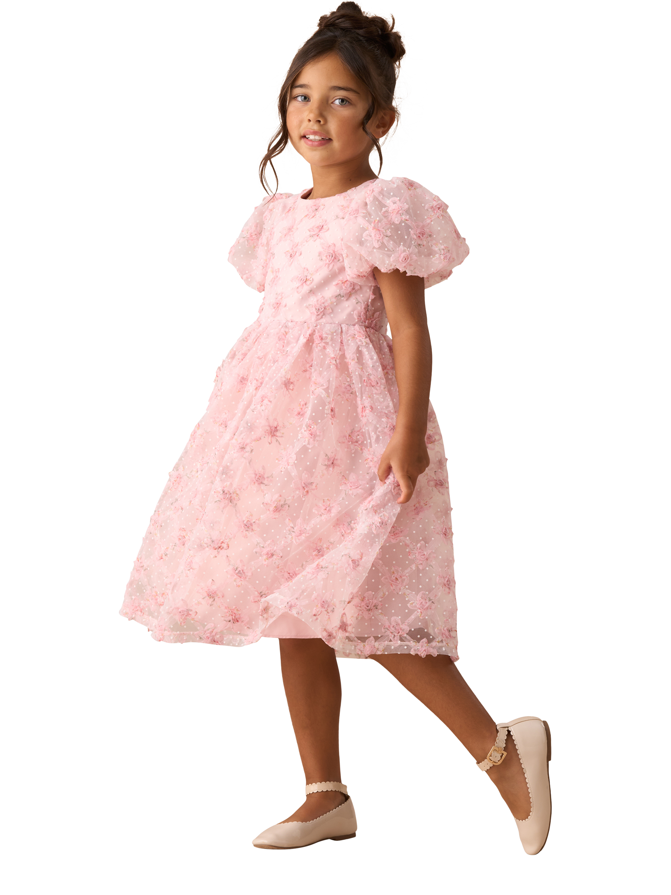 Product image 4 of 7, which shows Angel & Rocket Kids' Embroidered Puff Sleeve Dress, Pink, 8 years