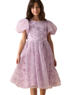 Angel & Rocket Kids' Embroidered Puff Sleeve Dress, Purple, Purple