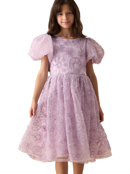 Angel & Rocket Kids' Embroidered Puff Sleeve Dress, Purple, Purple