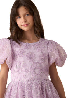 Angel & Rocket Kids' Embroidered Puff Sleeve Dress, Purple - view 2, Purple