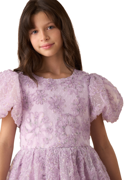 Angel & Rocket Kids' Embroidered Puff Sleeve Dress, Purple - view 2, Purple