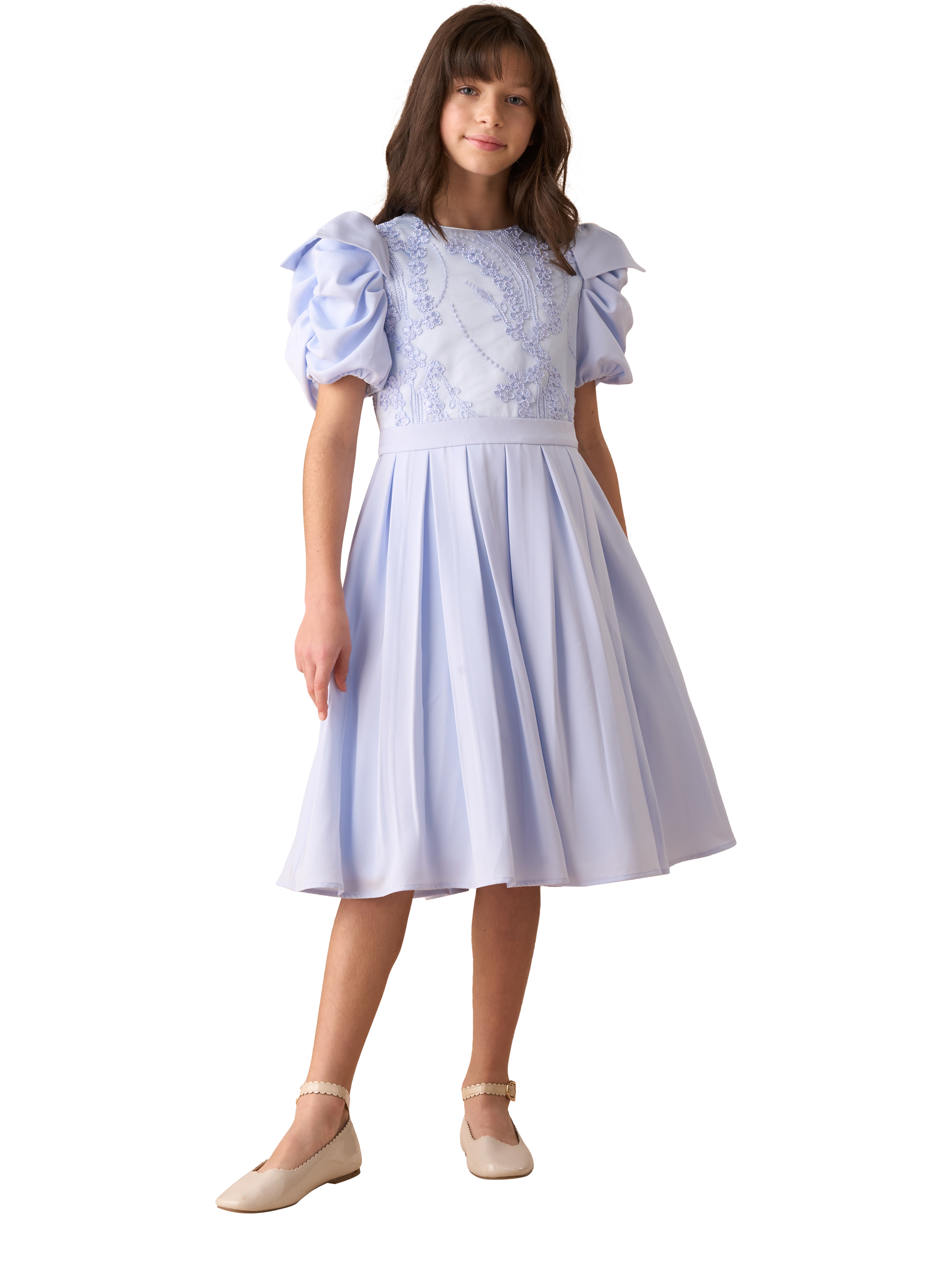 Product image 1 of 8, which shows Angel & Rocket Kids' Coralie Embroidered Bodice Dress, Blue, 2 years