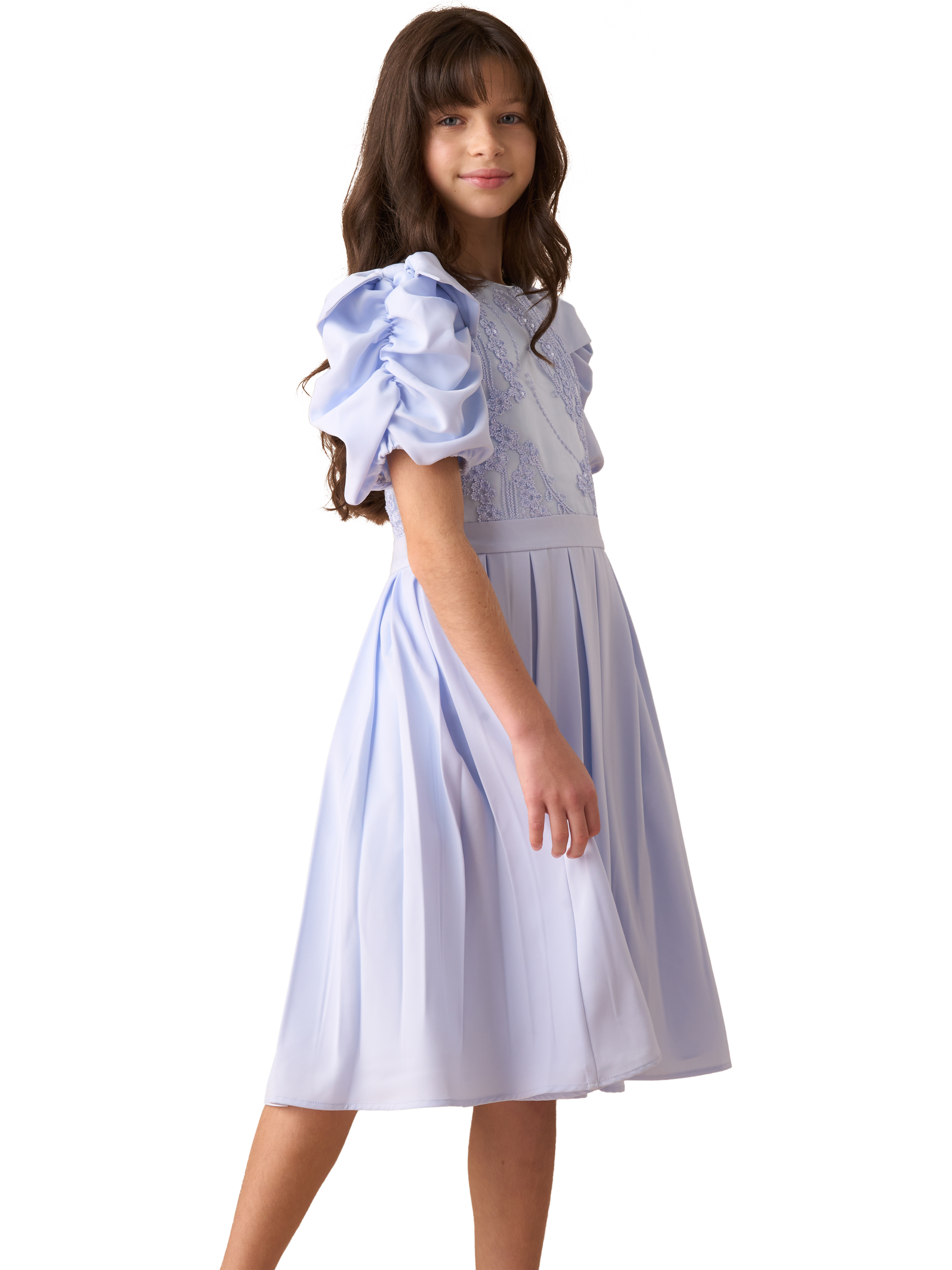 Product image 2 of 8, which shows Angel & Rocket Kids' Coralie Embroidered Bodice Dress, Blue, 2 years