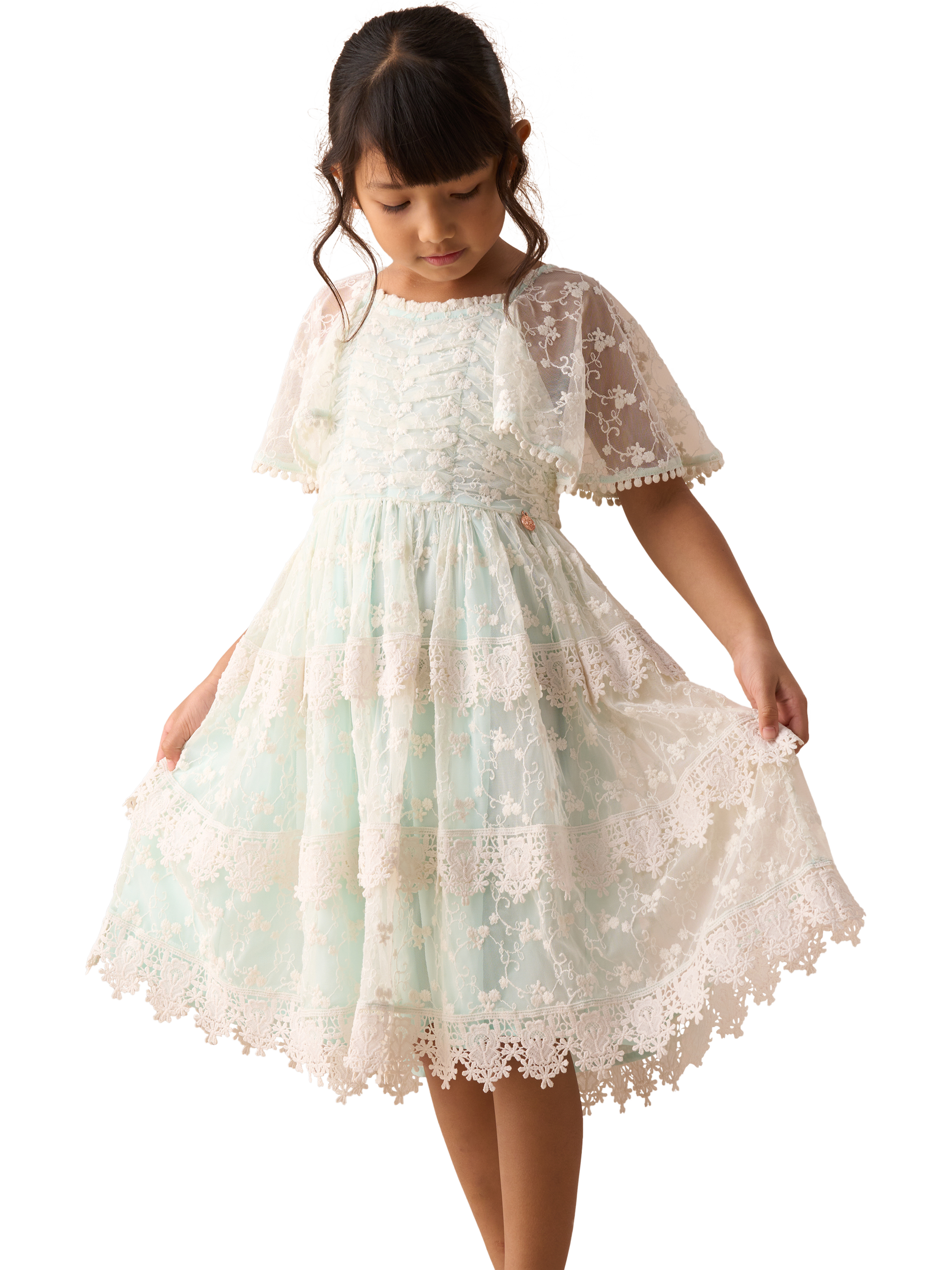 Product image 1 of 8, which shows Angel & Rocket Kids' Lace Tiered Dress, Green, 5 years