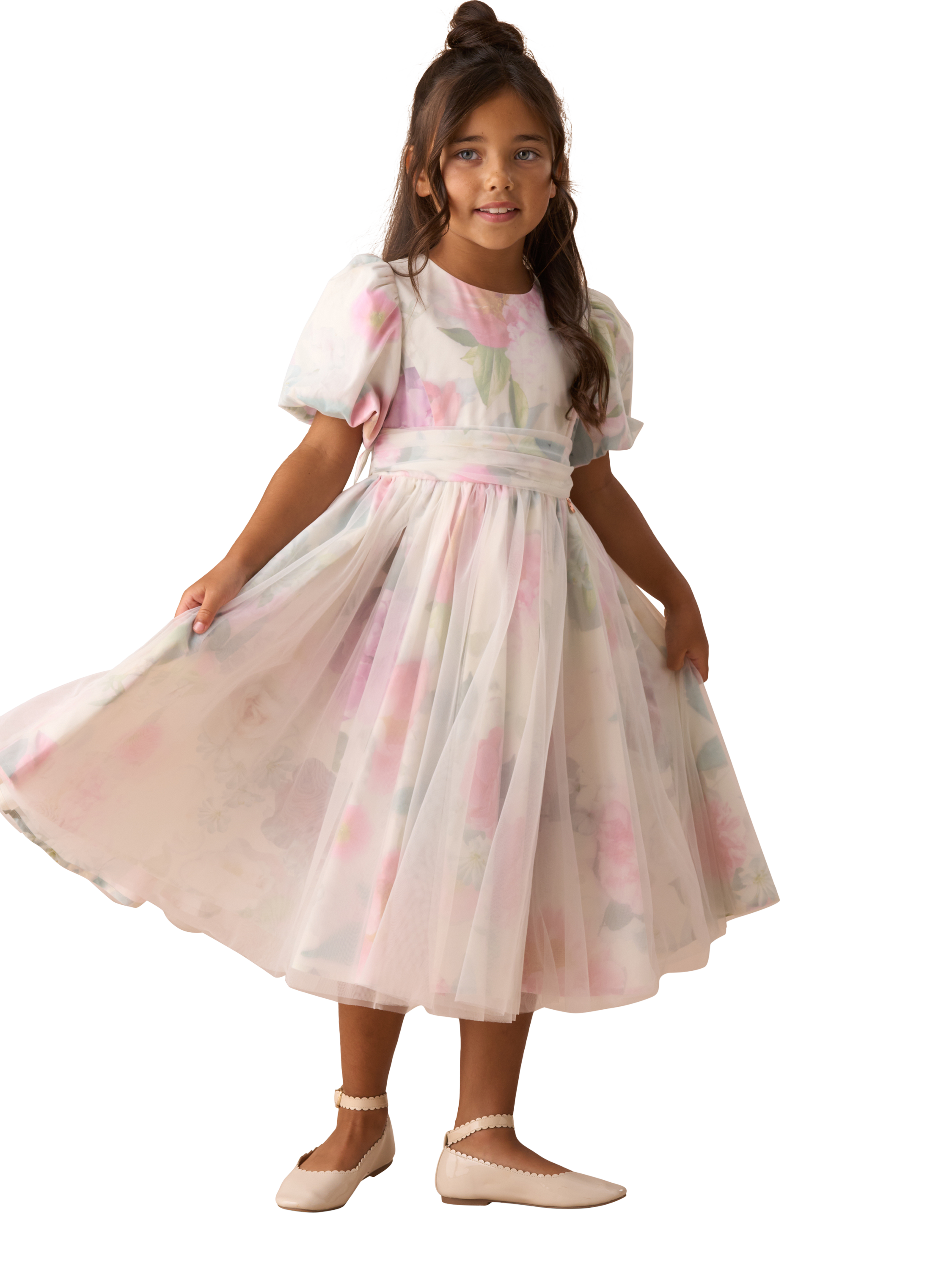 Product image 1 of 9, which shows Angel & Rocket Kids' Floral Mesh Puff Sleeve Dress, Multi, 5 years