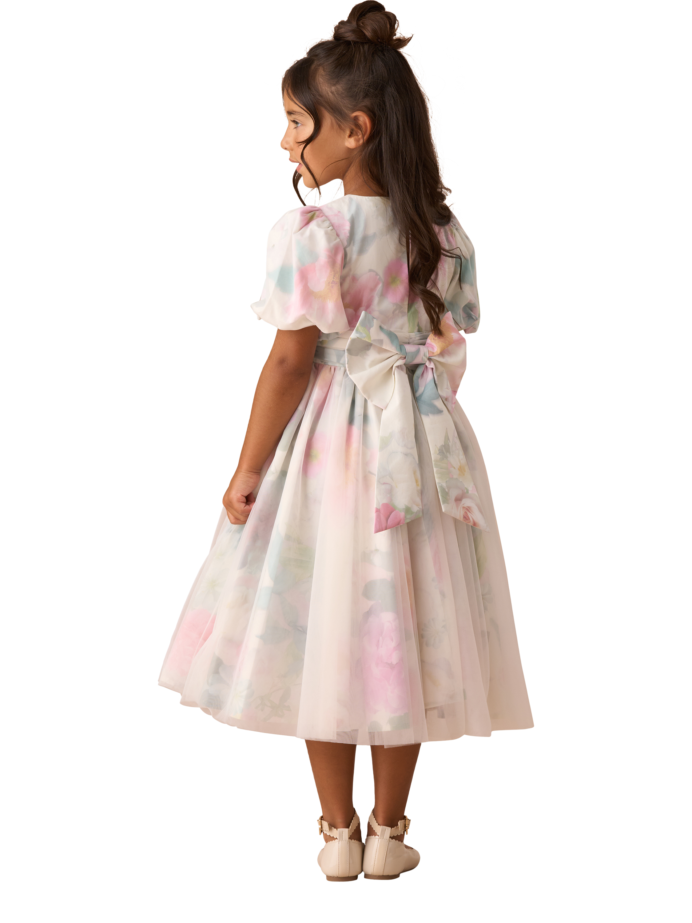 Product image 2 of 9, which shows Angel & Rocket Kids' Floral Mesh Puff Sleeve Dress, Multi, 5 years