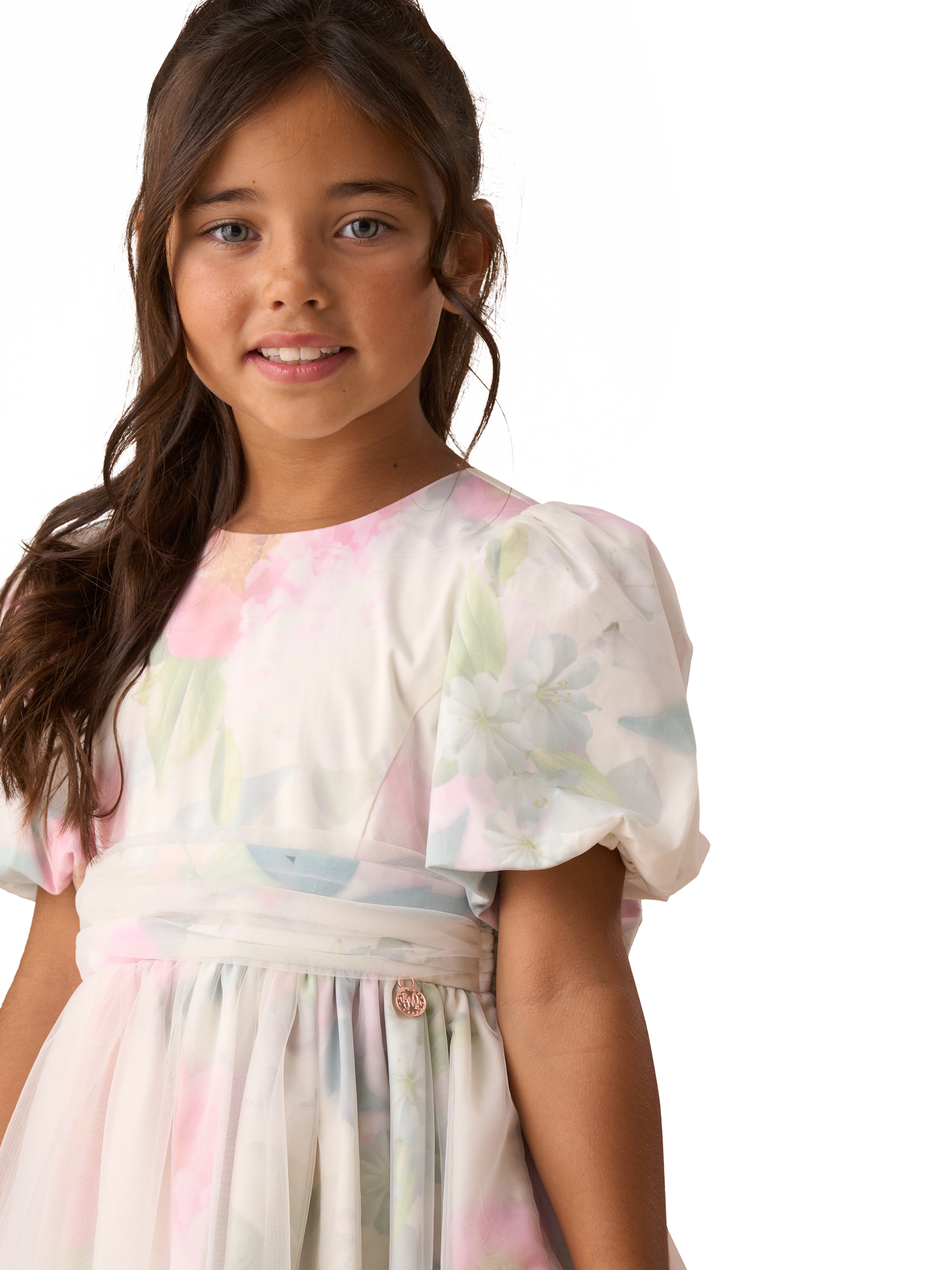 Product image 3 of 9, which shows Angel & Rocket Kids' Floral Mesh Puff Sleeve Dress, Multi, 5 years