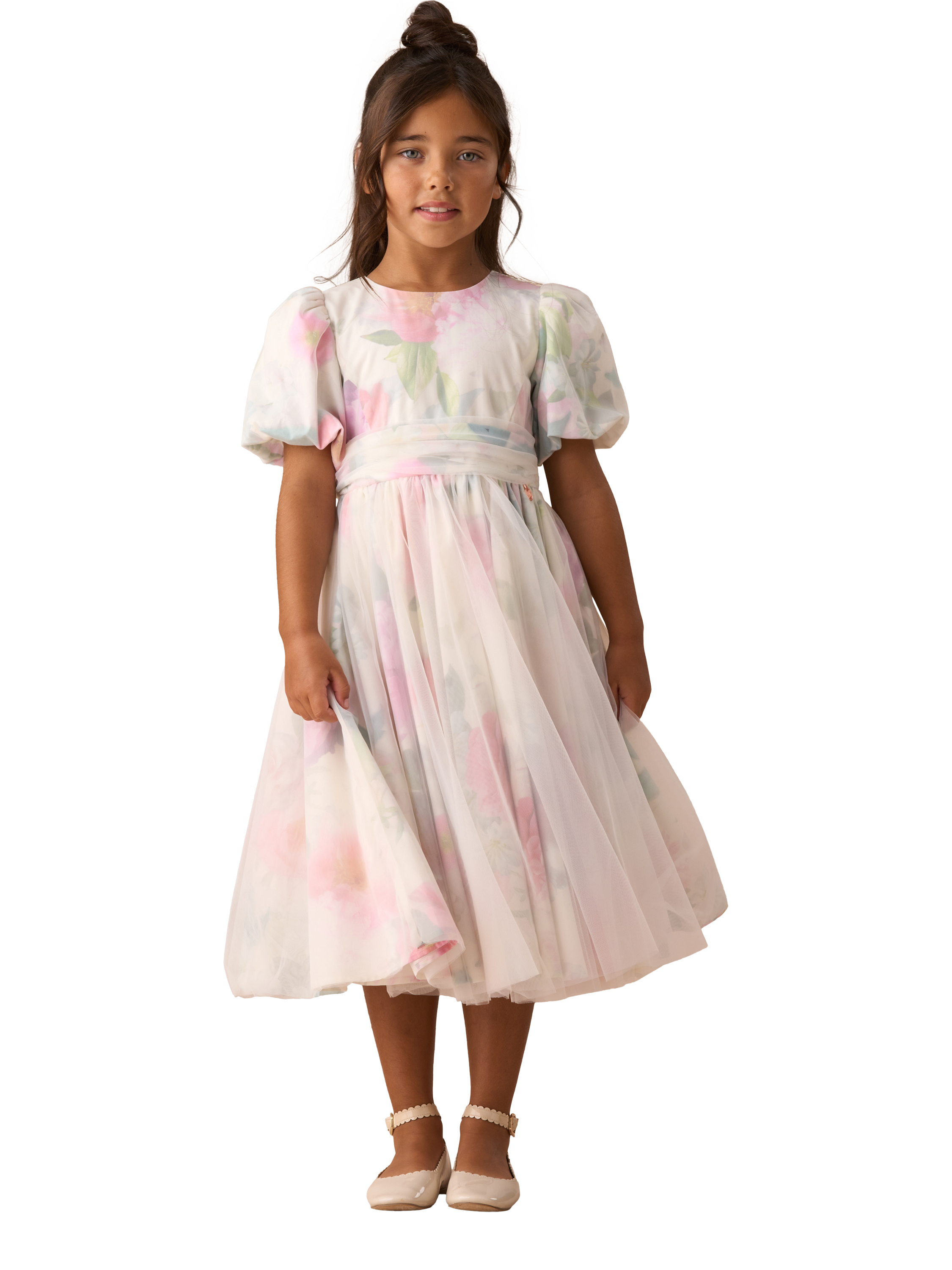 Product image 4 of 9, which shows Angel & Rocket Kids' Floral Mesh Puff Sleeve Dress, Multi, 5 years