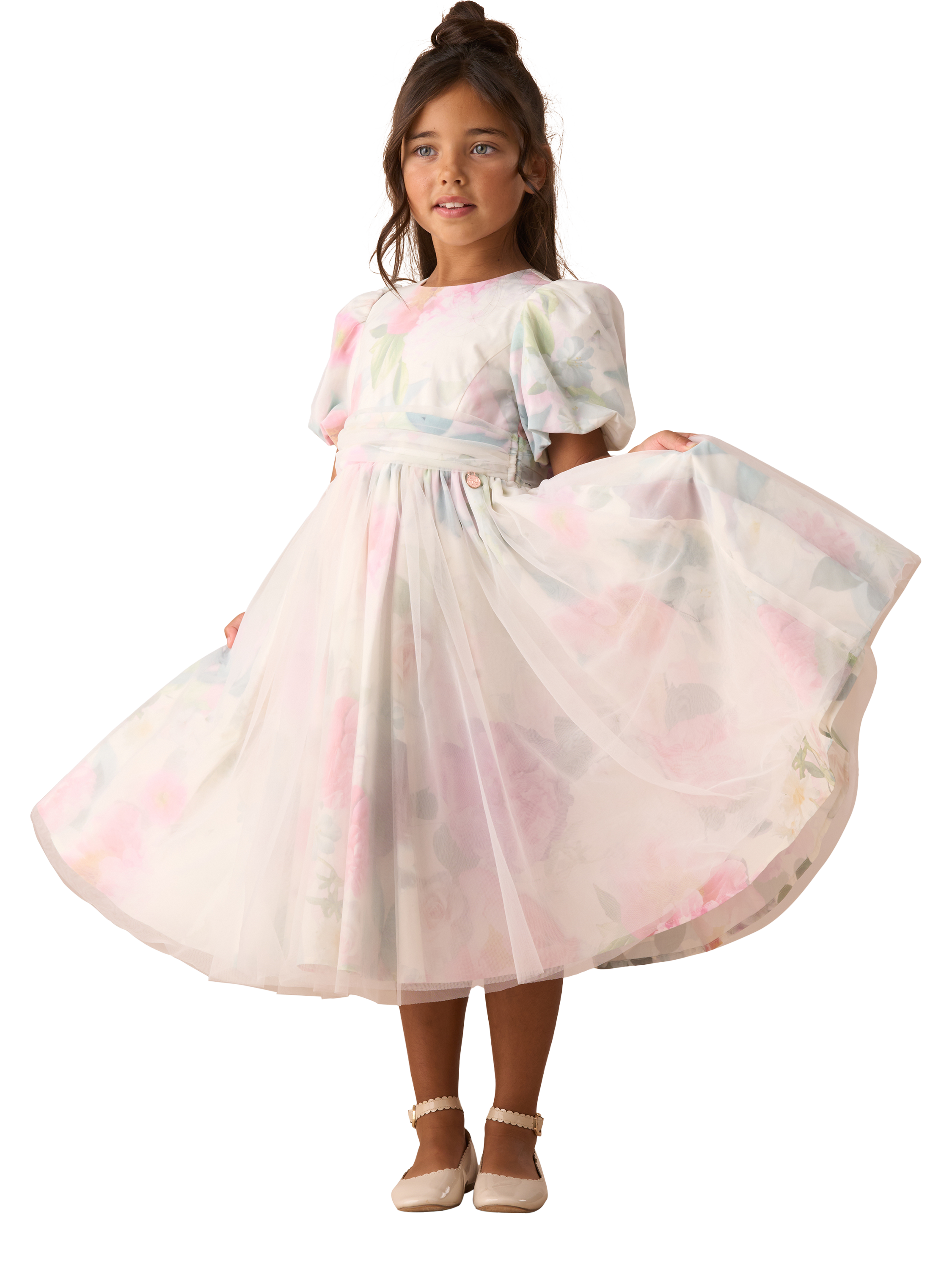 Product image 6 of 9, which shows Angel & Rocket Kids' Floral Mesh Puff Sleeve Dress, Multi, 5 years