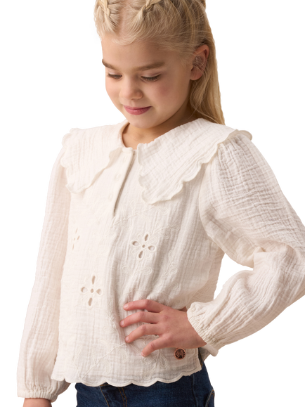 Angel & Rocket Kids' Emma Cape Collar Embroidered Cotton Top, Ivory, Ivory