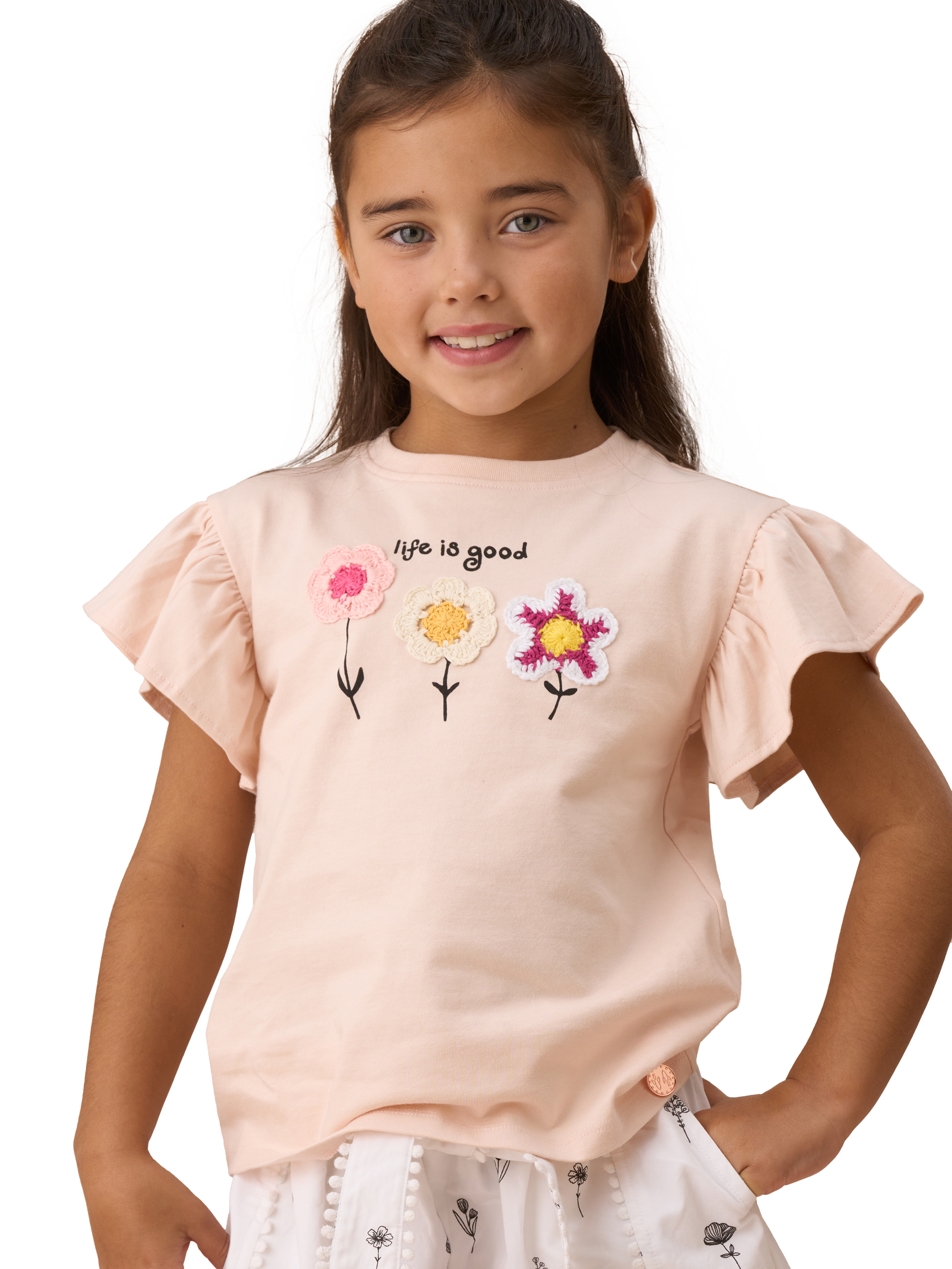 Product image 1 of 6, which shows Angel & Rocket Kids' Crochet Flower Top, Orange, 3-4 years