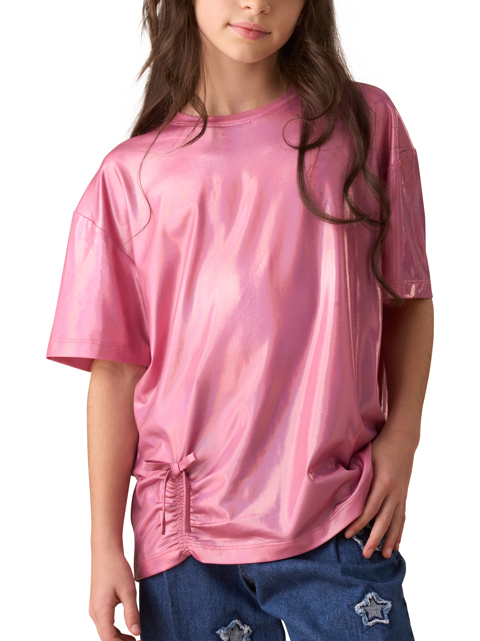 Product image 1 of 6, which shows Angel & Rocket Kids' Short Sleeve Metallic Jersey Top, Pink, 3-4 years