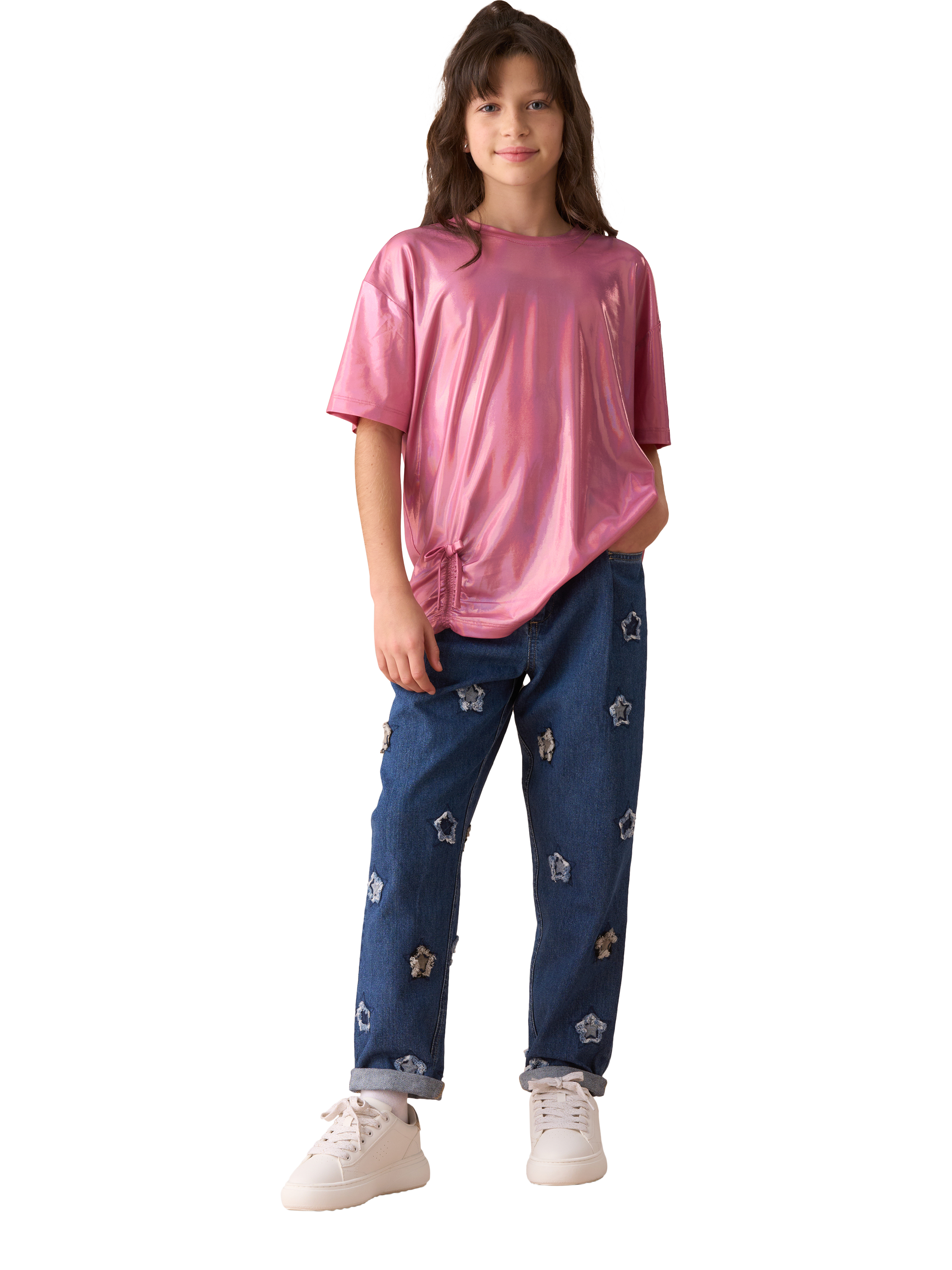 Product image 2 of 6, which shows Angel & Rocket Kids' Short Sleeve Metallic Jersey Top, Pink, 3-4 years