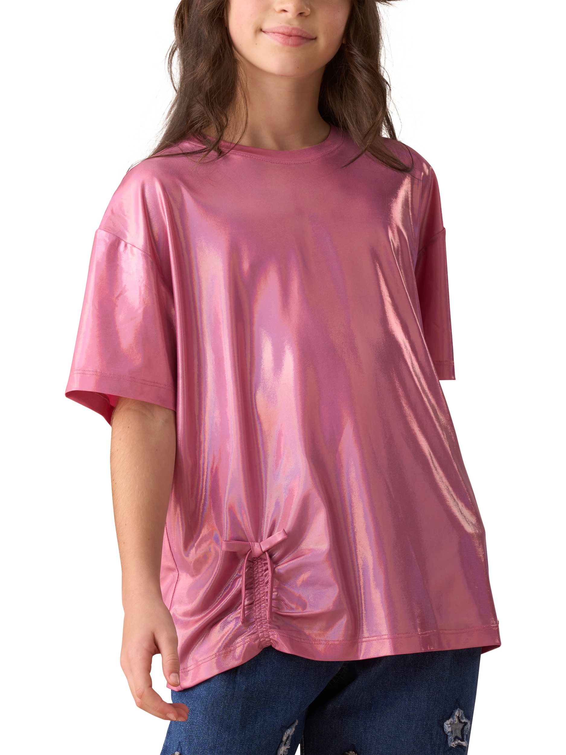 Product image 3 of 6, which shows Angel & Rocket Kids' Short Sleeve Metallic Jersey Top, Pink, 3-4 years