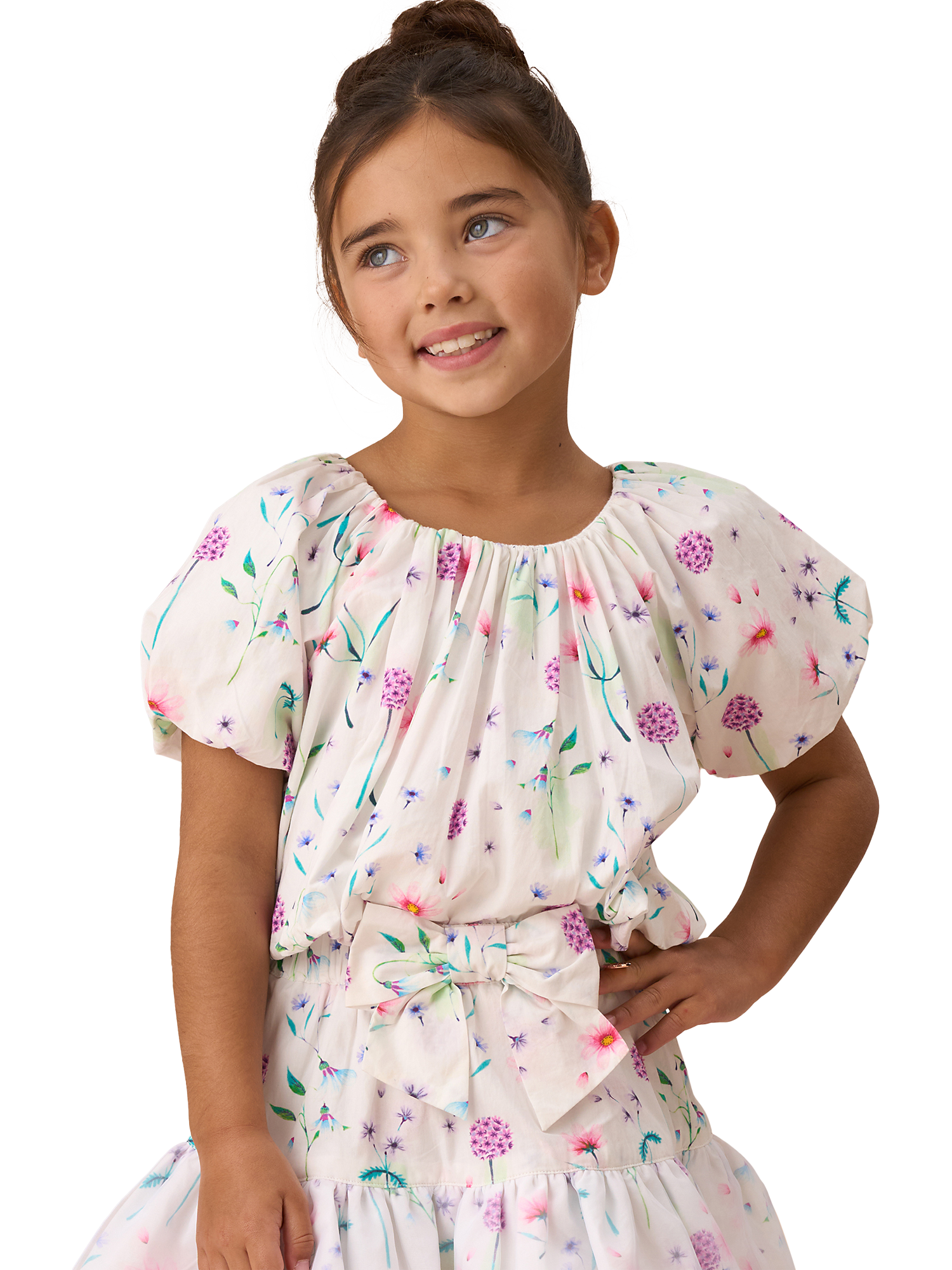 Product image 1 of 6, which shows Angel & Rocket Kids' Perla Puff Ball Top, White, 2 years
