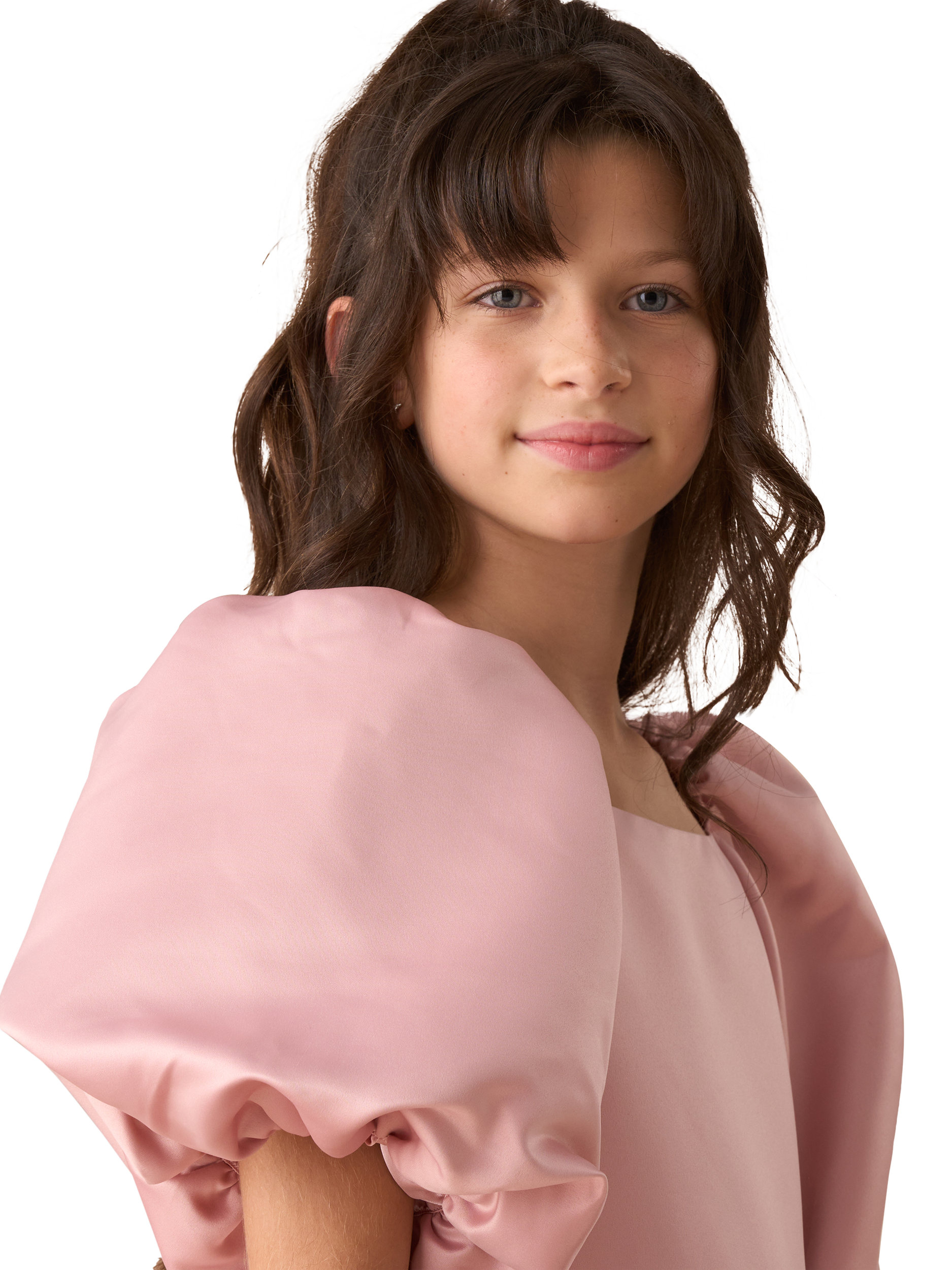 Product image 2 of 6, which shows Angel & Rocket Kids' Puffball Sleeve Satin Dress, Pink, 3 years